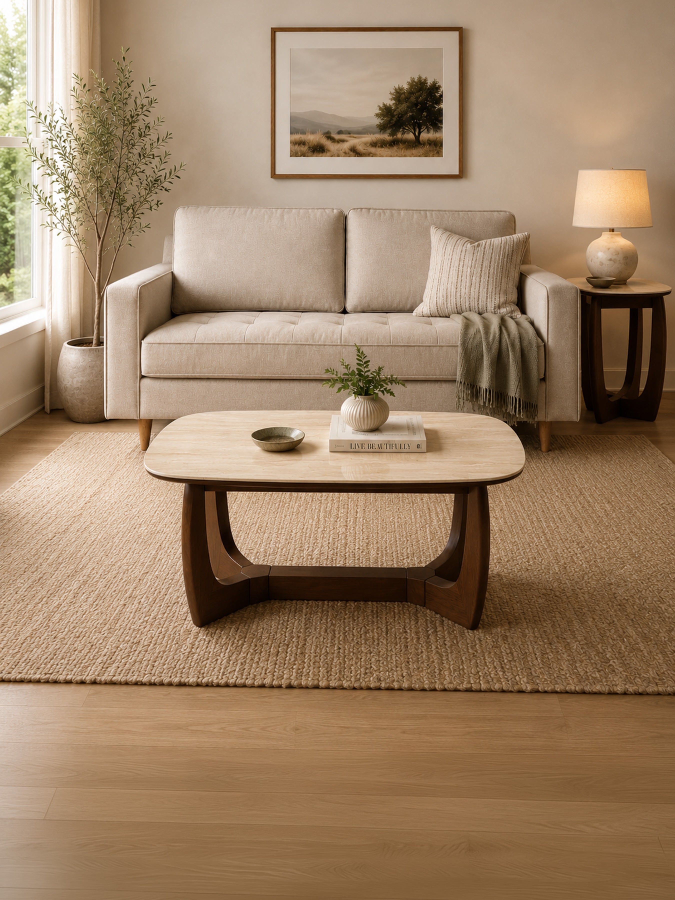 Portland Square Lamp Table – Walnut Effect/Natural Stone