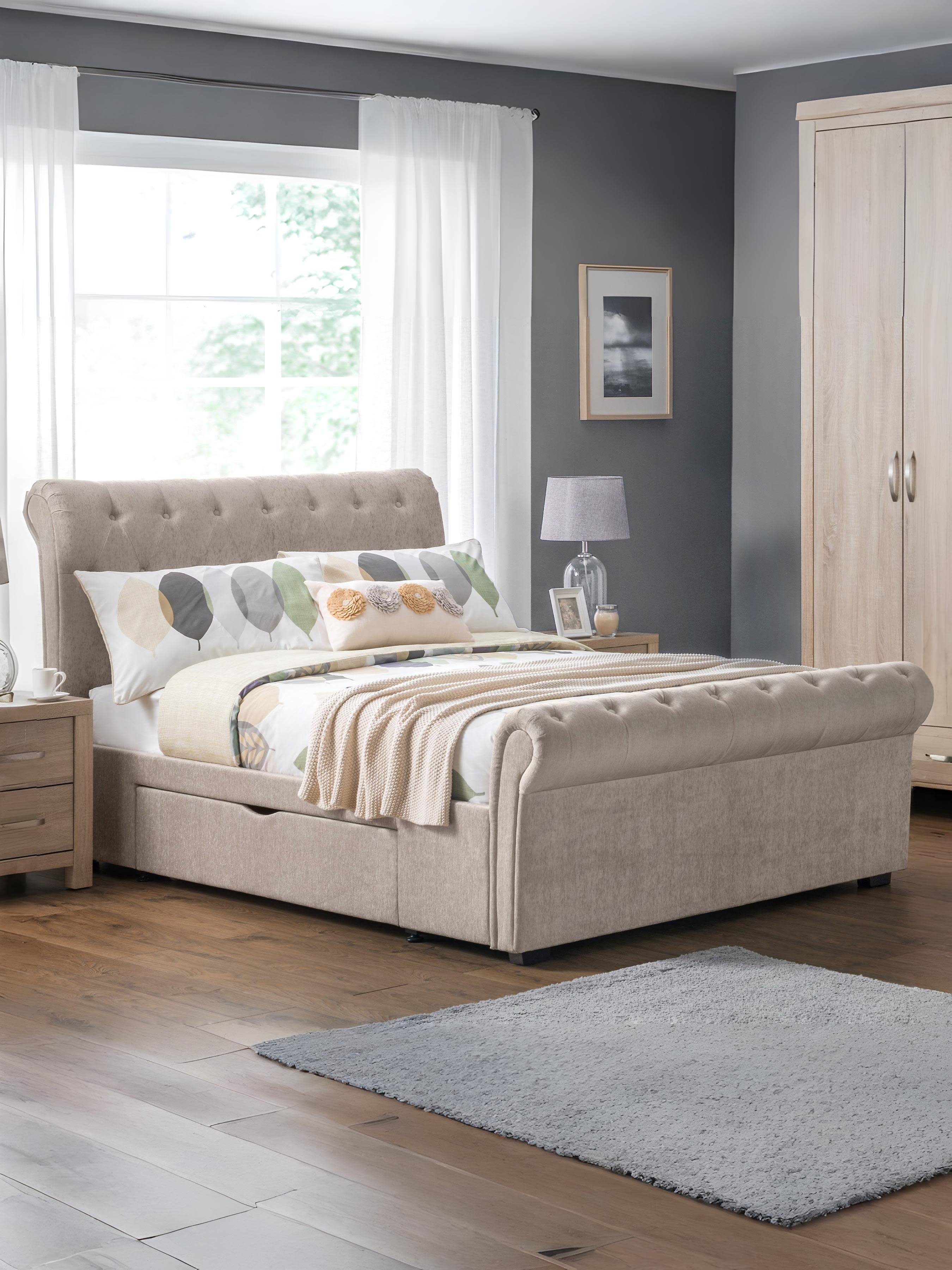 Ravello Beige Chenille Storage Bed with 2 Drawers – Mink Chenille