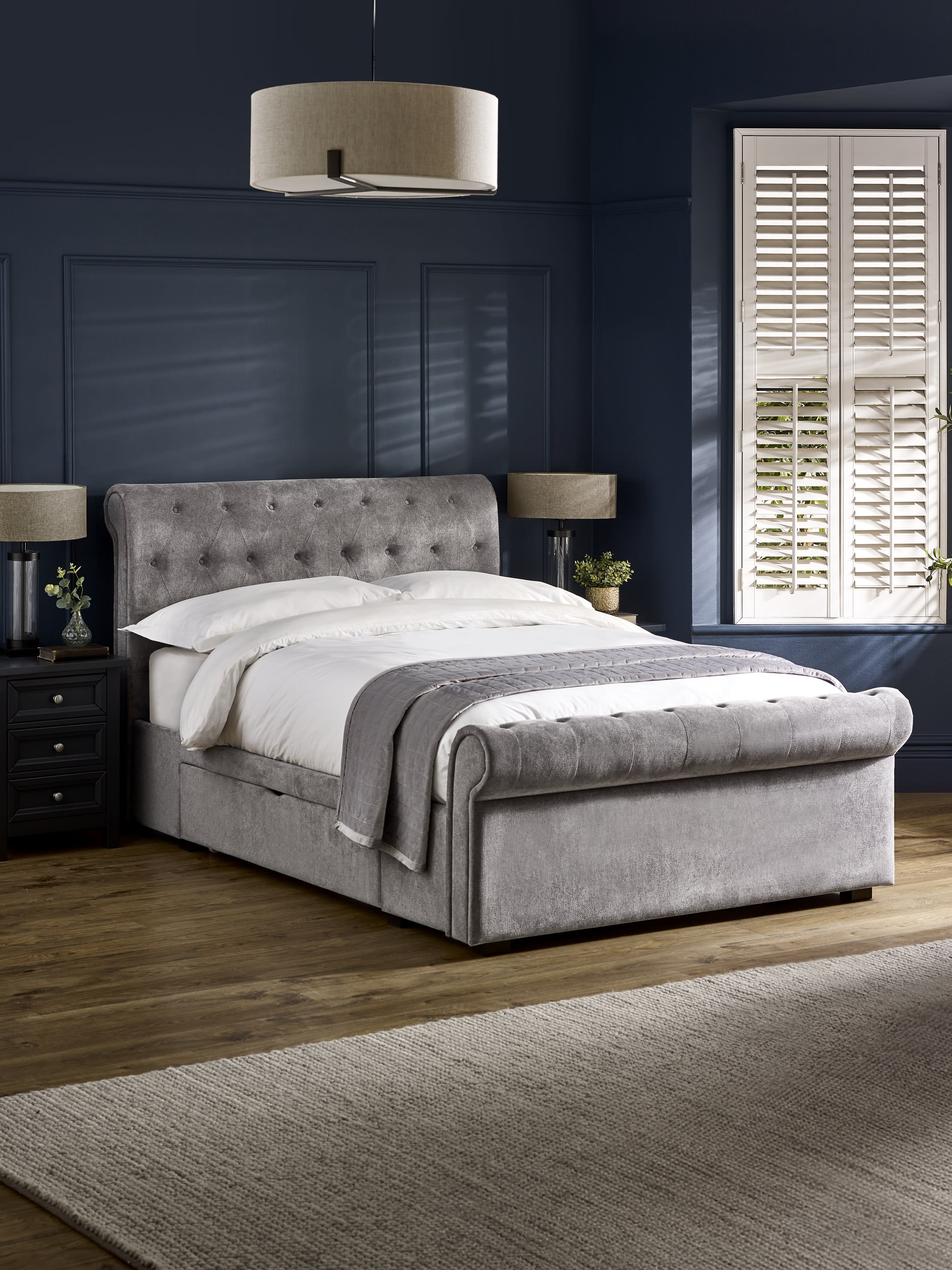 Ravello Grey Chenille Upholstered Bed with 2 Drawers