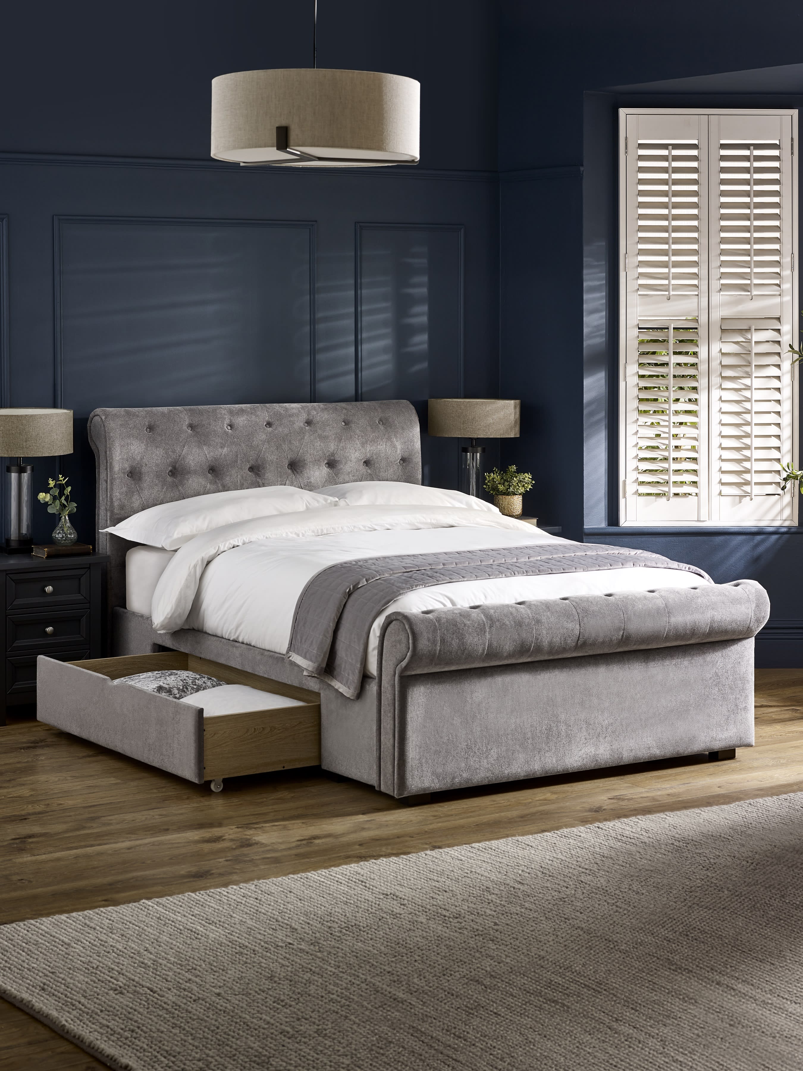 Ravello Grey Chenille Upholstered Bed with 2 Drawers