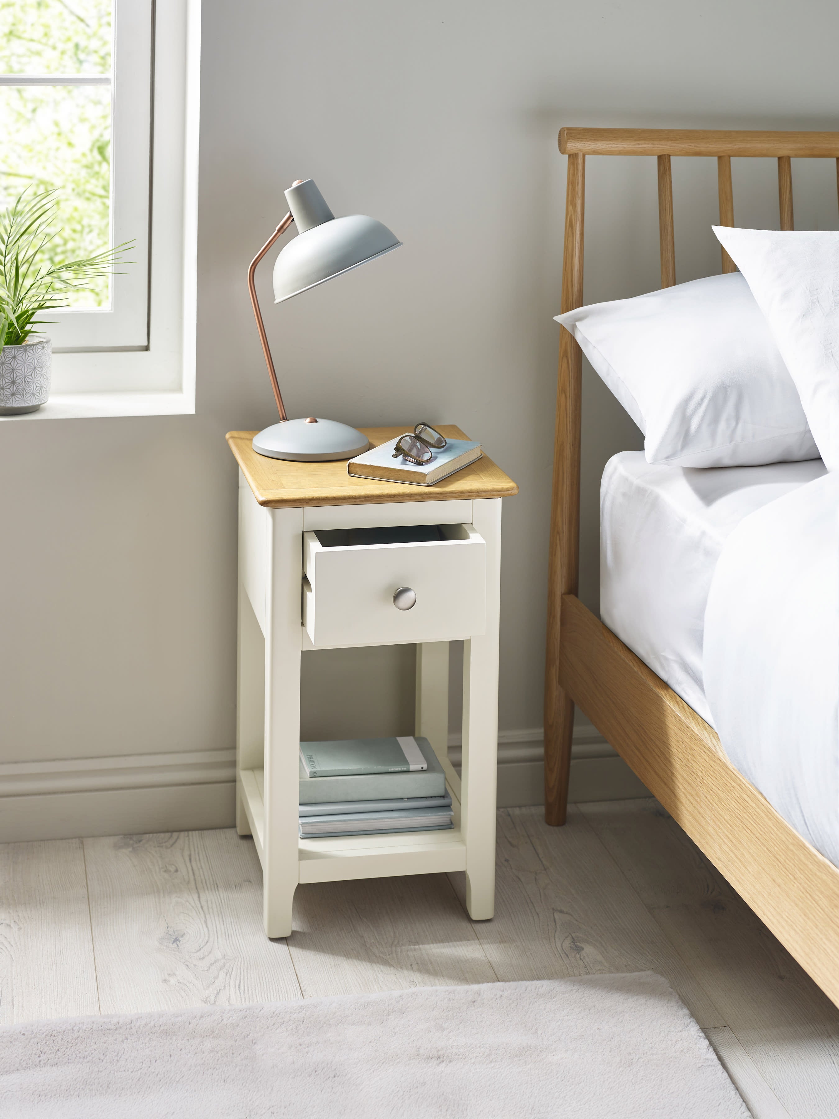 Somerset White and Oak Compact 1 Drawer Bedside Table with Shelf