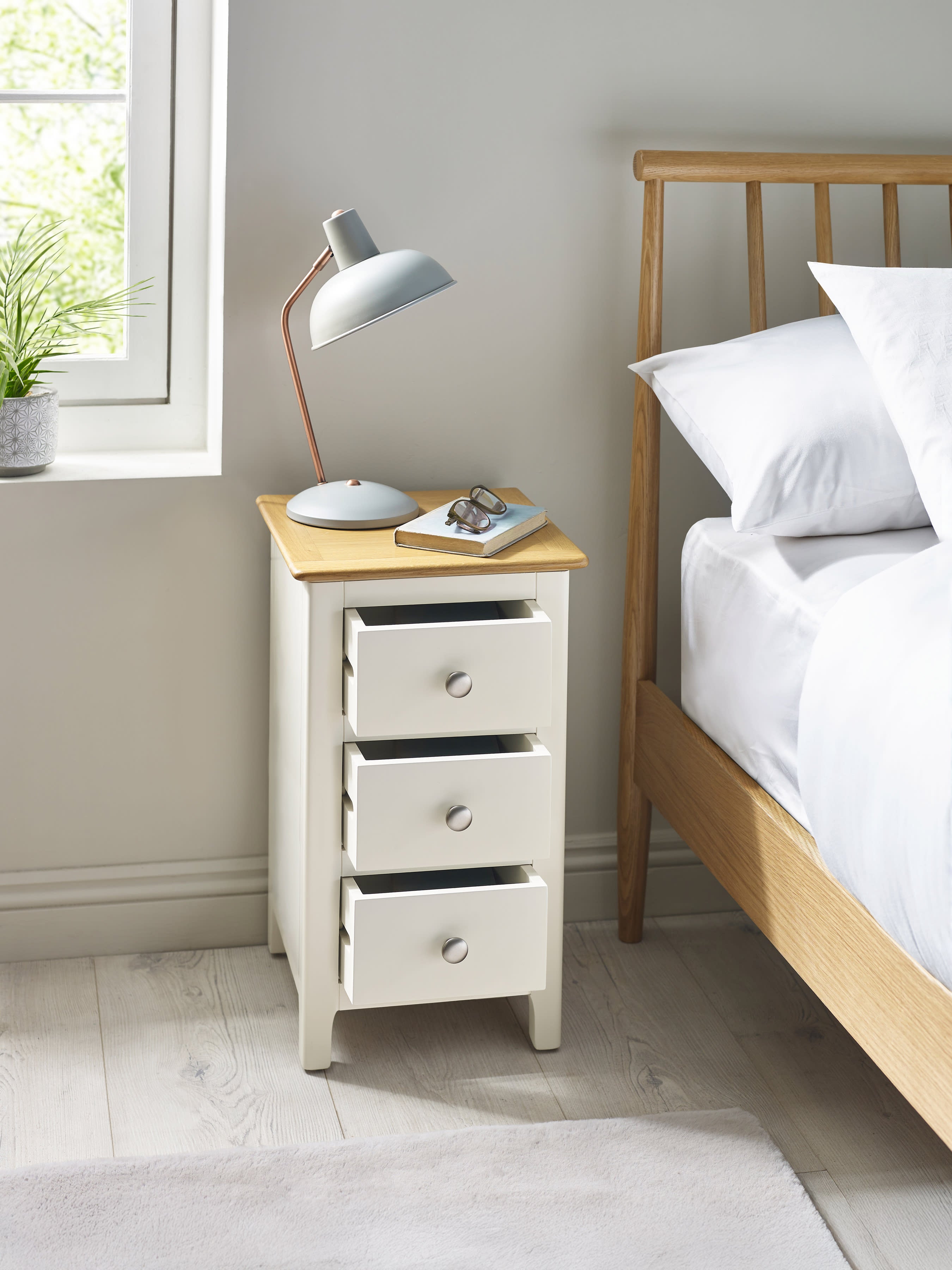 Somerset White and Oak Compact 3 Drawer Bedside Table