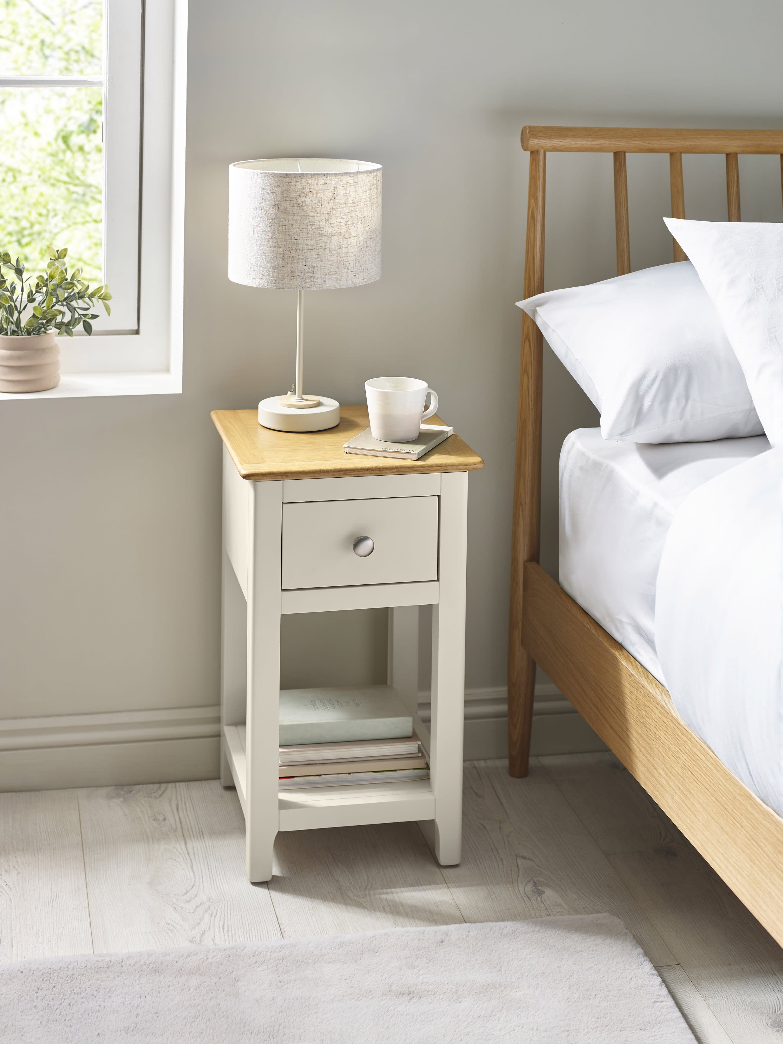 Somerset Truffle Grey and Oak Compact 1 Drawer Bedside Table with Shelf – Oak and Truffle