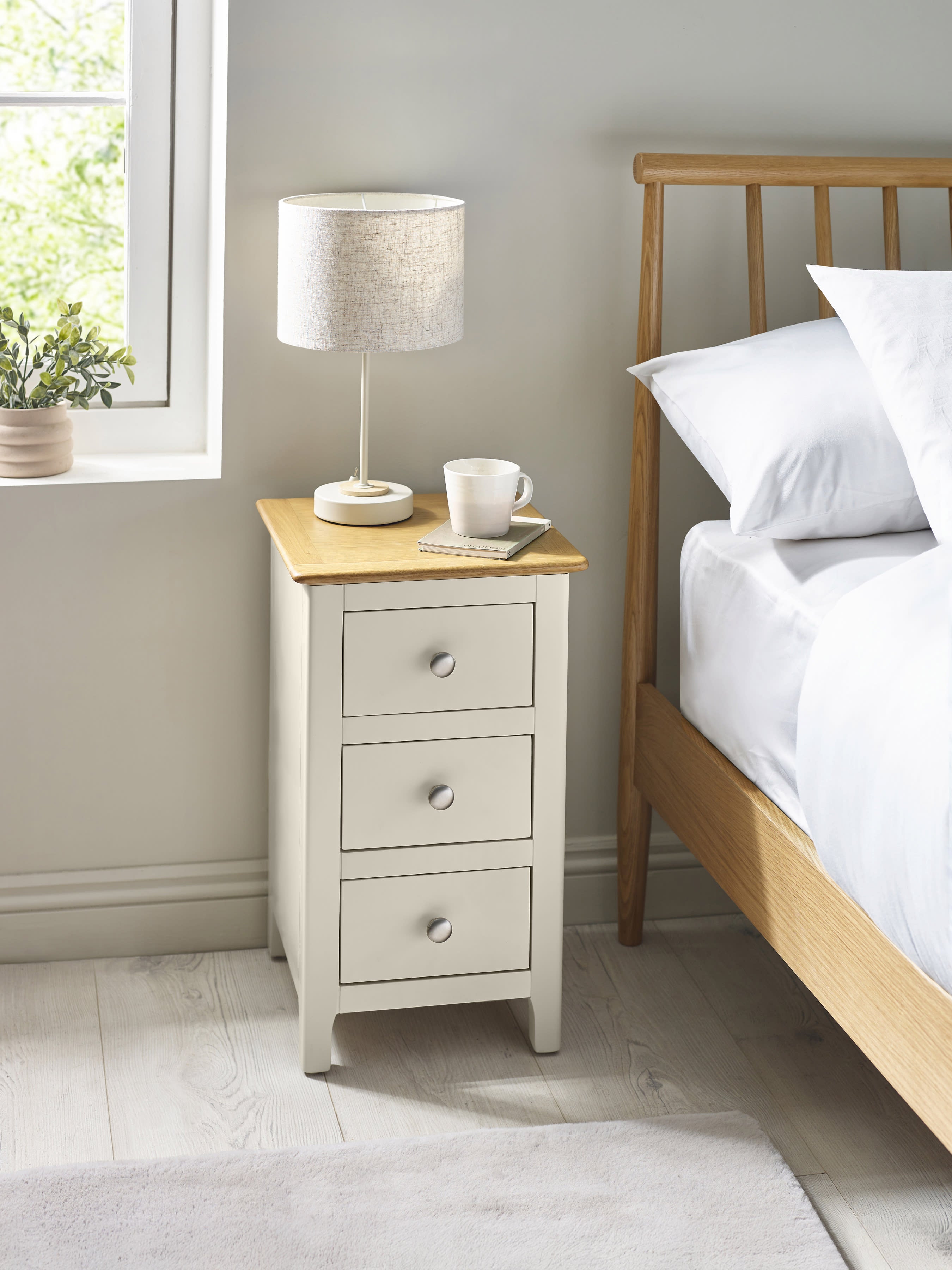 Somerset Truffle Grey and Oak Compact 3 Drawer Bedside Table – Oak and Truffle
