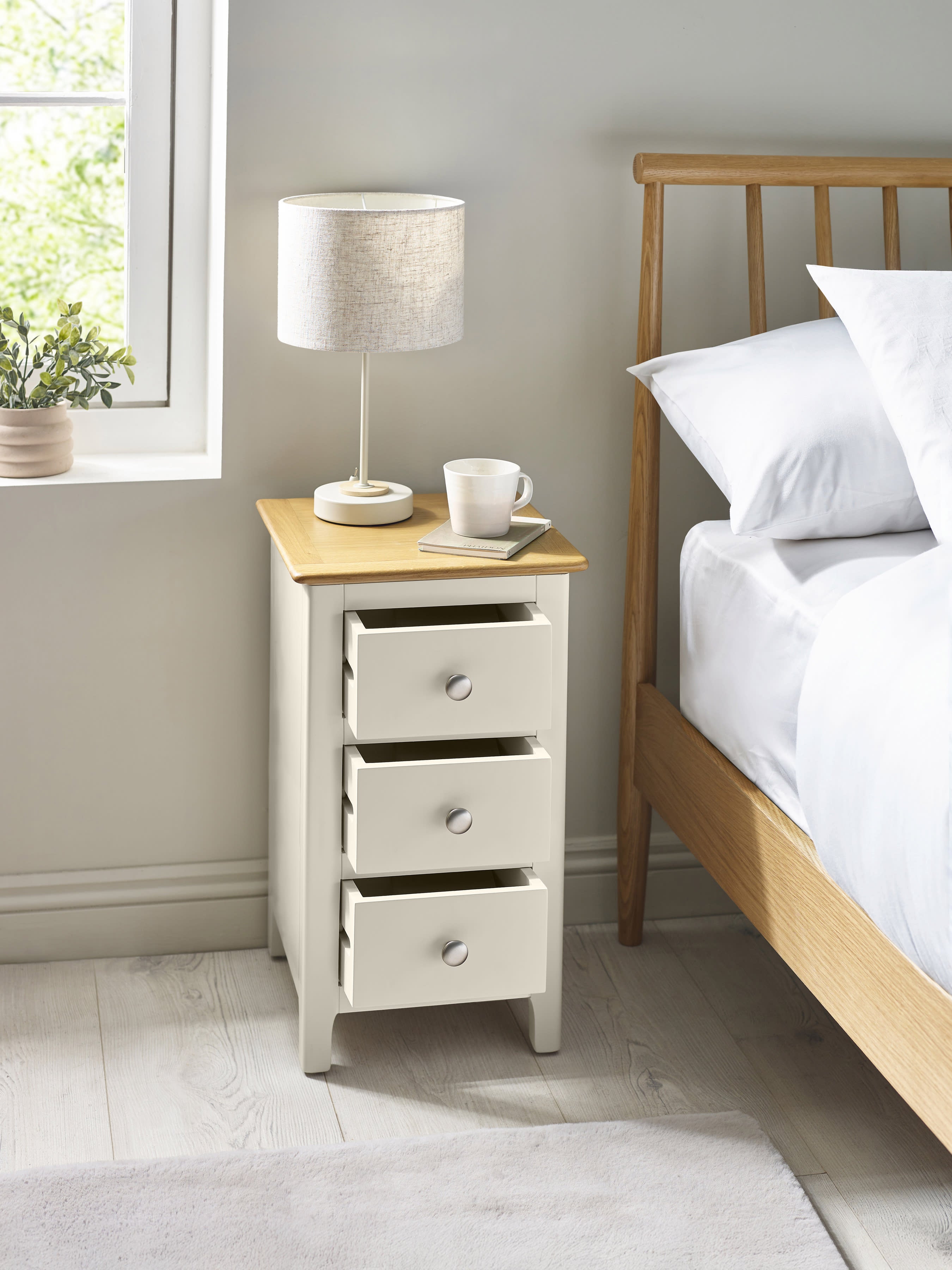 Somerset Truffle Grey and Oak Compact 3 Drawer Bedside Table – Oak and Truffle