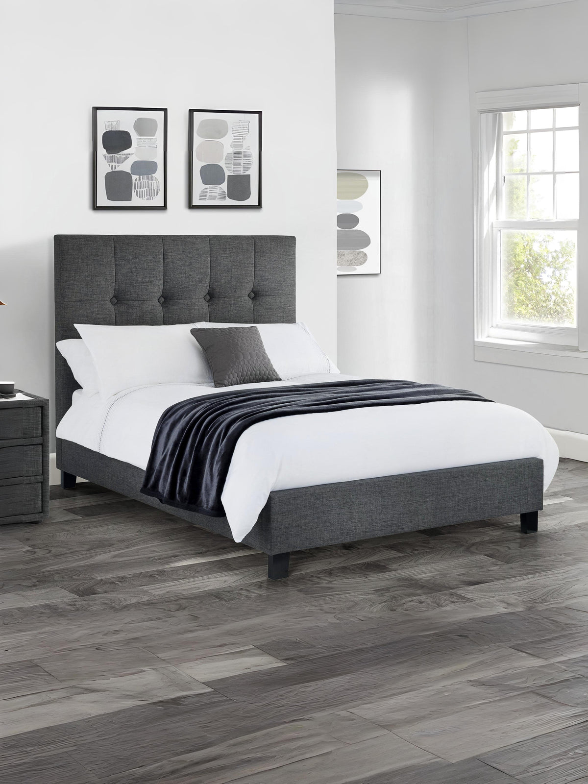 Sorrento High Headboard Fabric Bed - Slate Linen