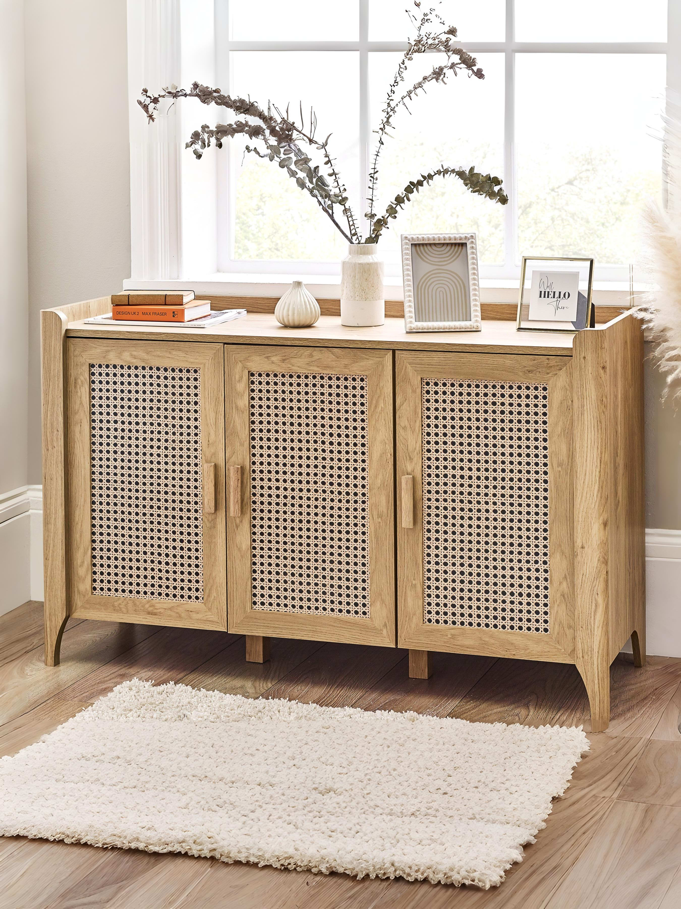 Sydney 3 Door Oak Effect Sideboard with Rattan Print