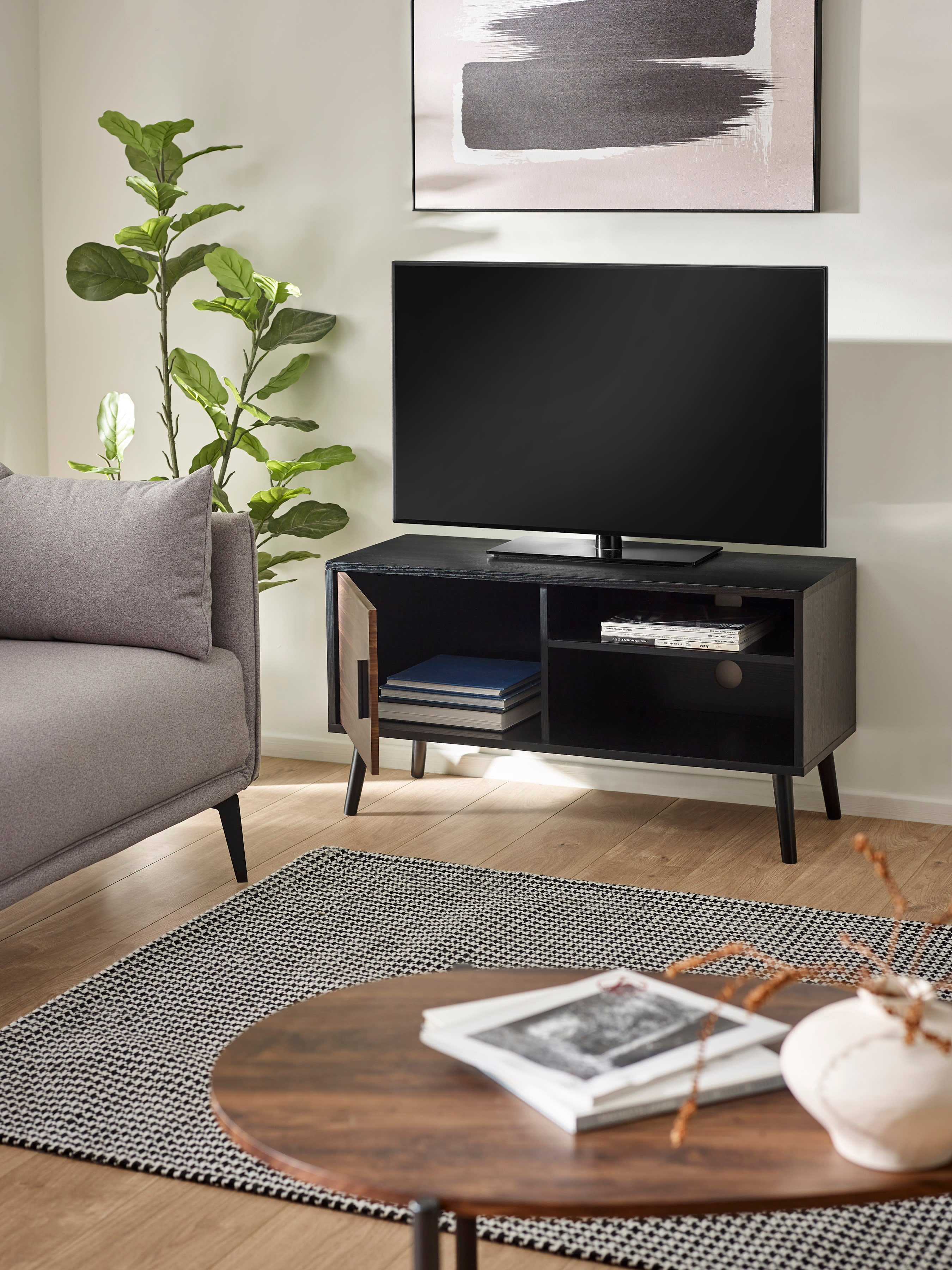 Trent Walnut and Black Small TV Stand Up to 43" – Walnut Effect