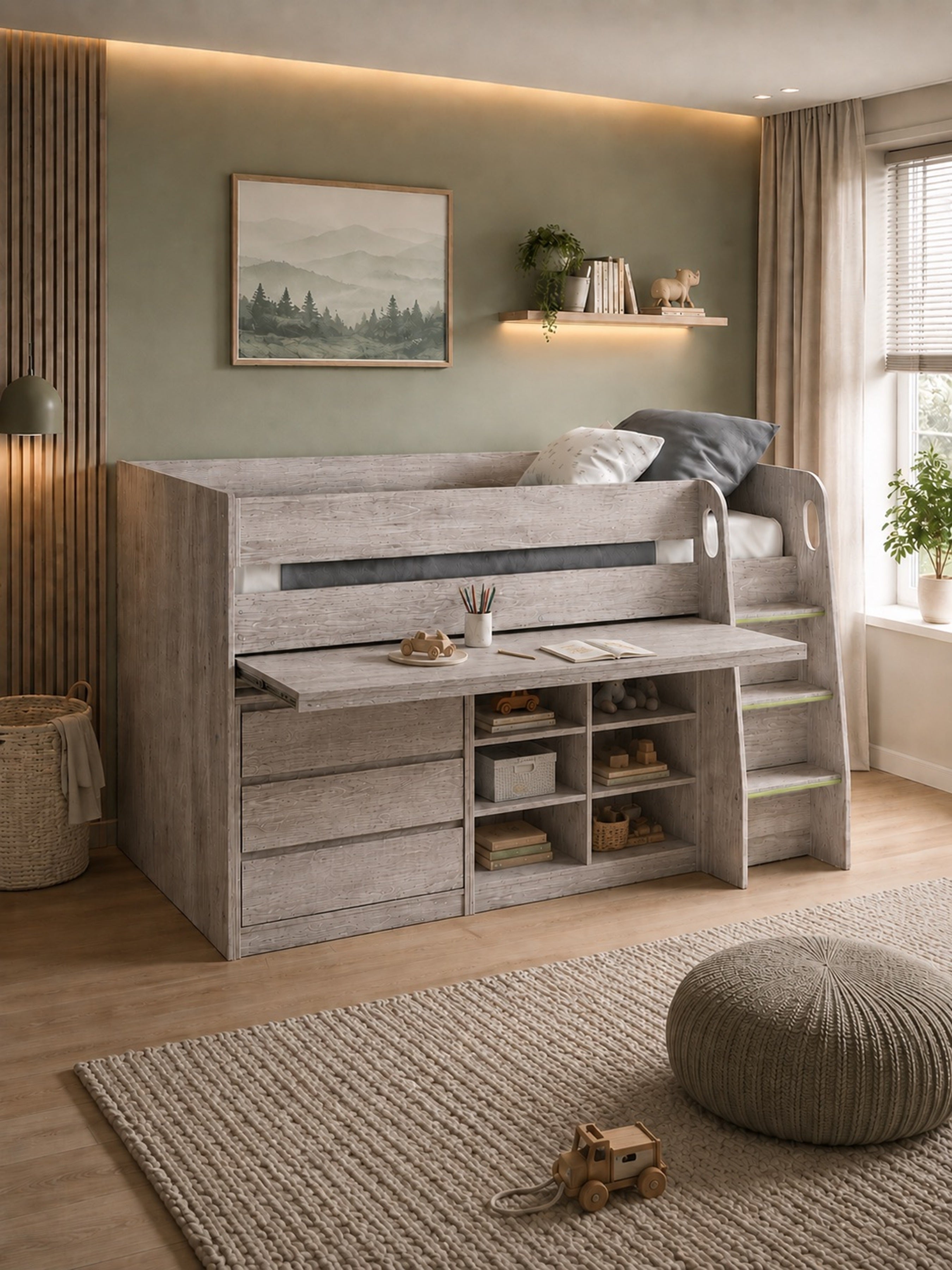 Vespa Mid Sleeper Bed with Desk – Grey Oak Effect