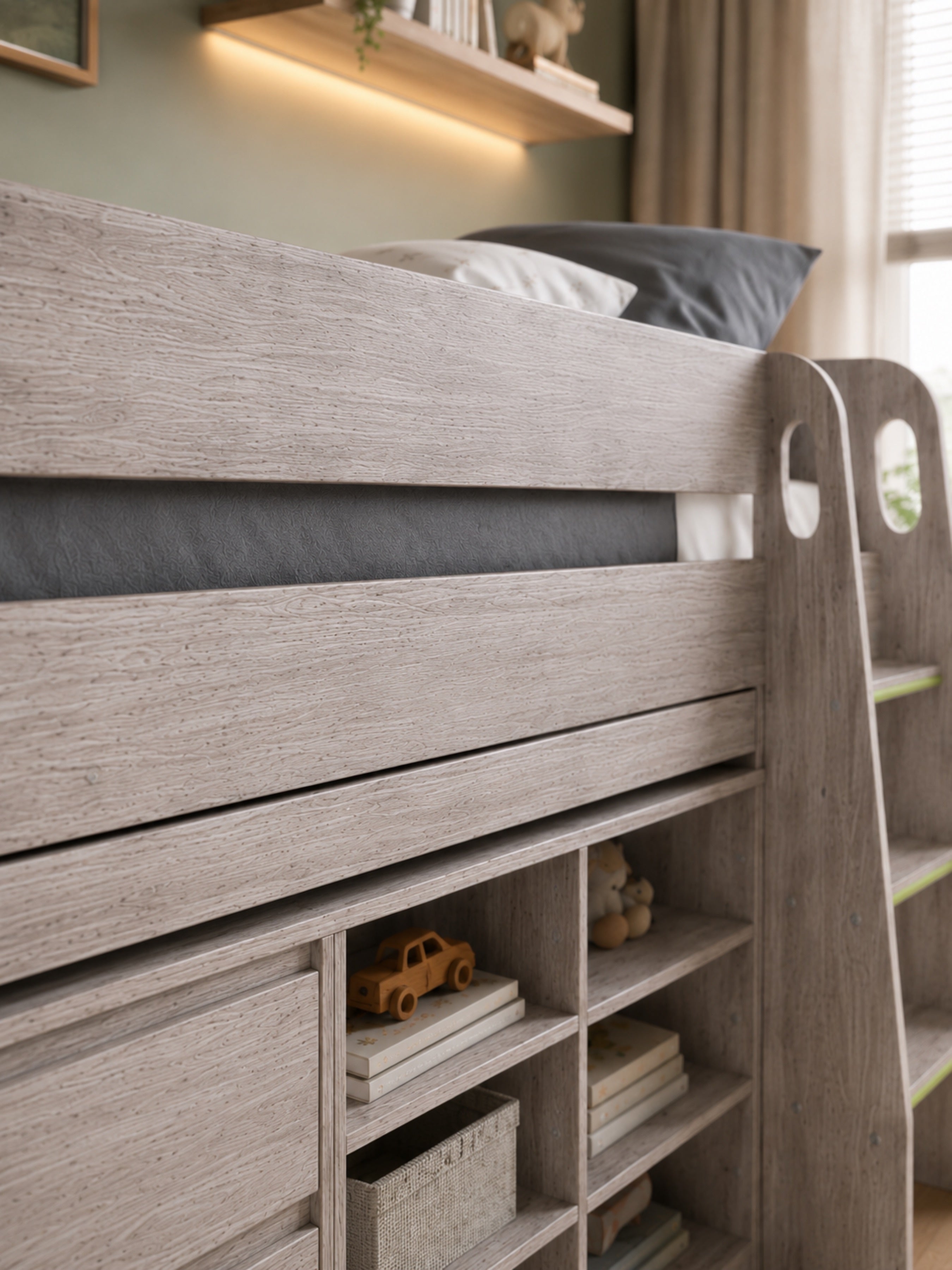 Vespa Mid Sleeper Bed with Desk – Grey Oak Effect