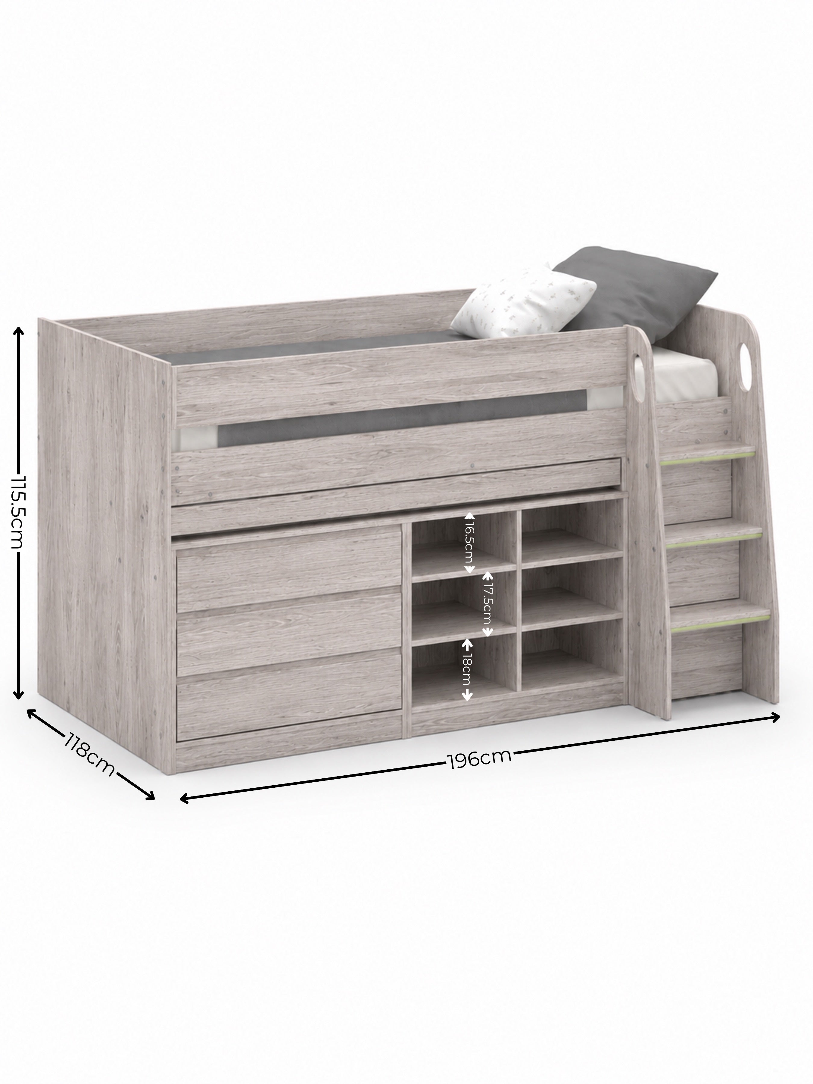 Vespa Mid Sleeper Bed with Desk – Grey Oak Effect