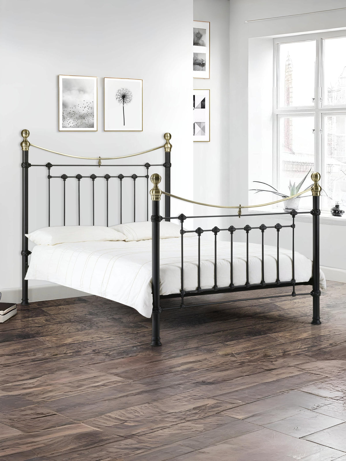 Victoria Satin Black Bed Metal Bed - Satin Black With Brass