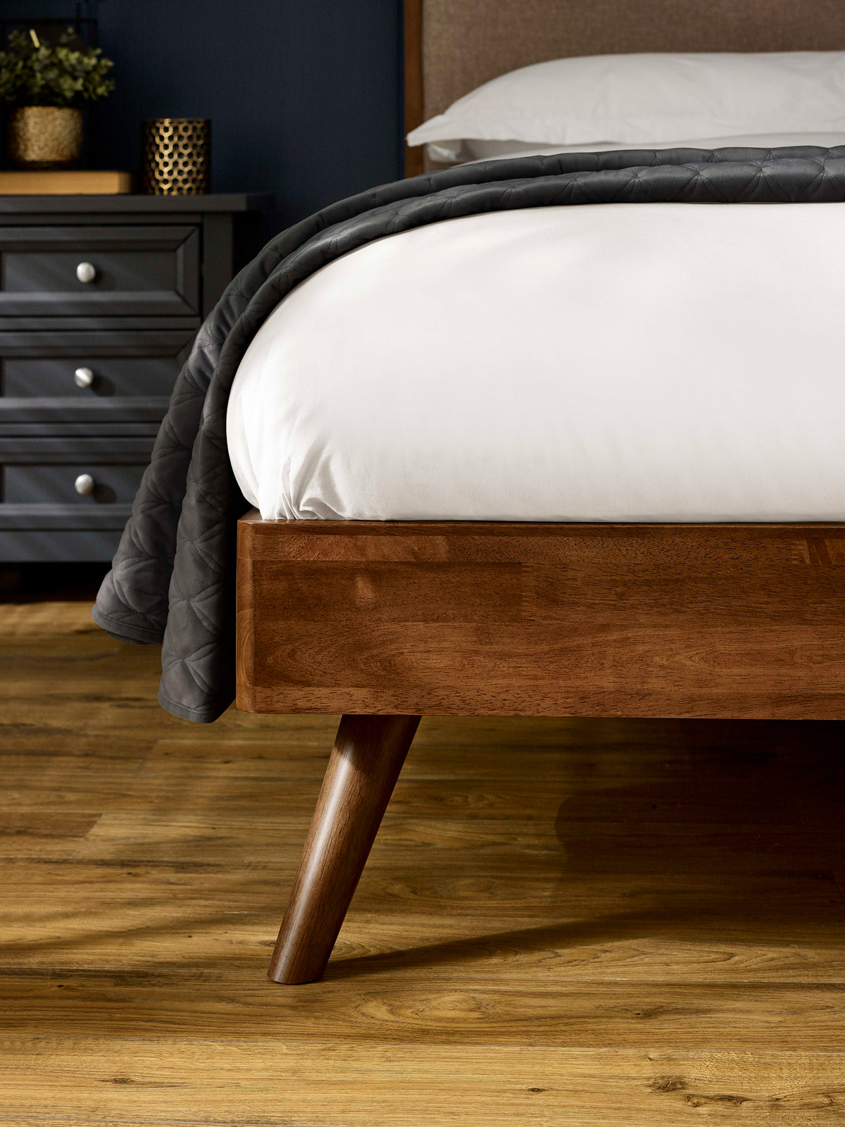 Walden Walnut Effect Bed with Grey Chenille Upholstered Headboard – Walnut Effect and Grey Chenille