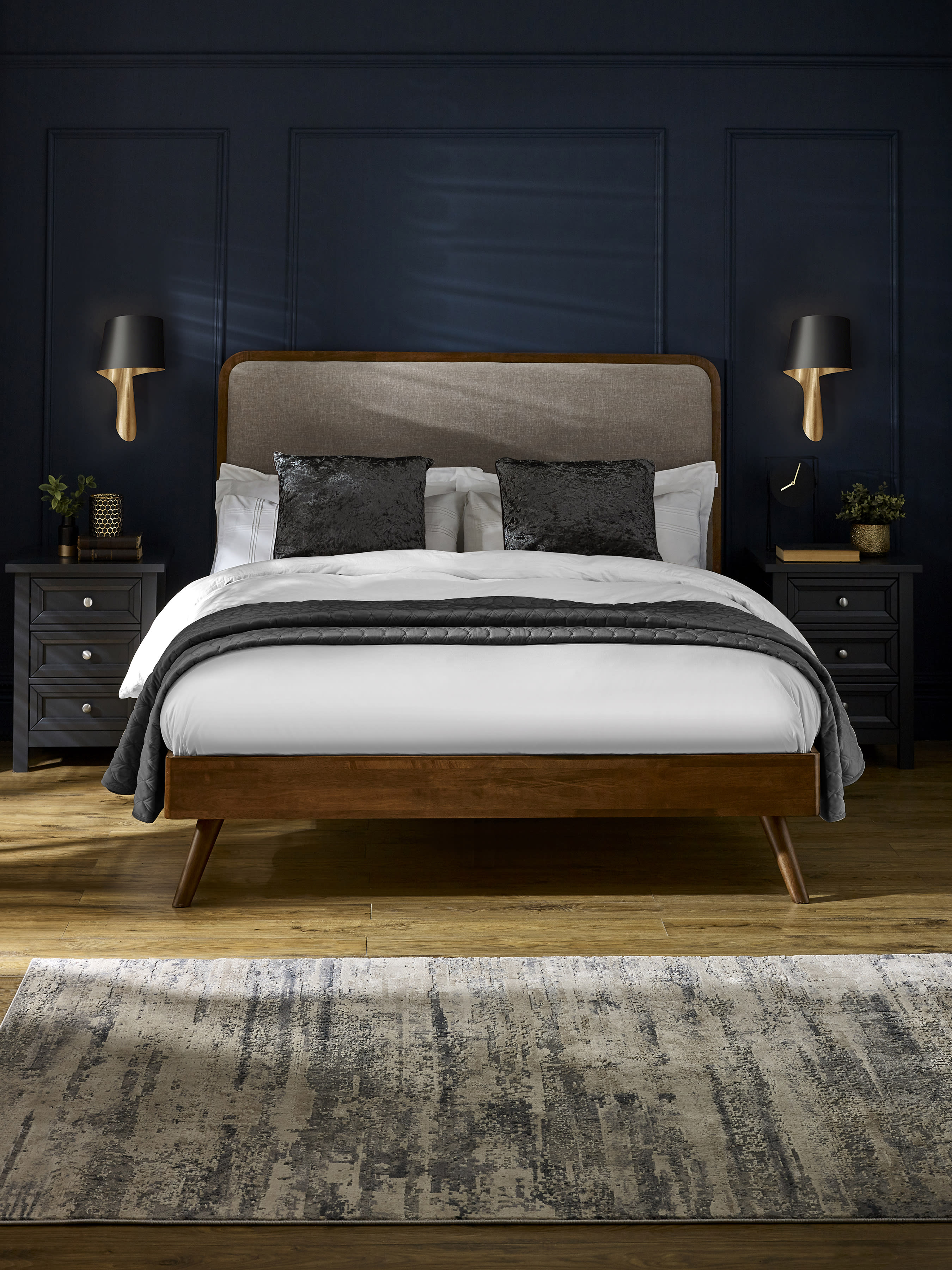 Walden Walnut Effect Bed with Grey Chenille Upholstered Headboard – Walnut Effect and Grey Chenille