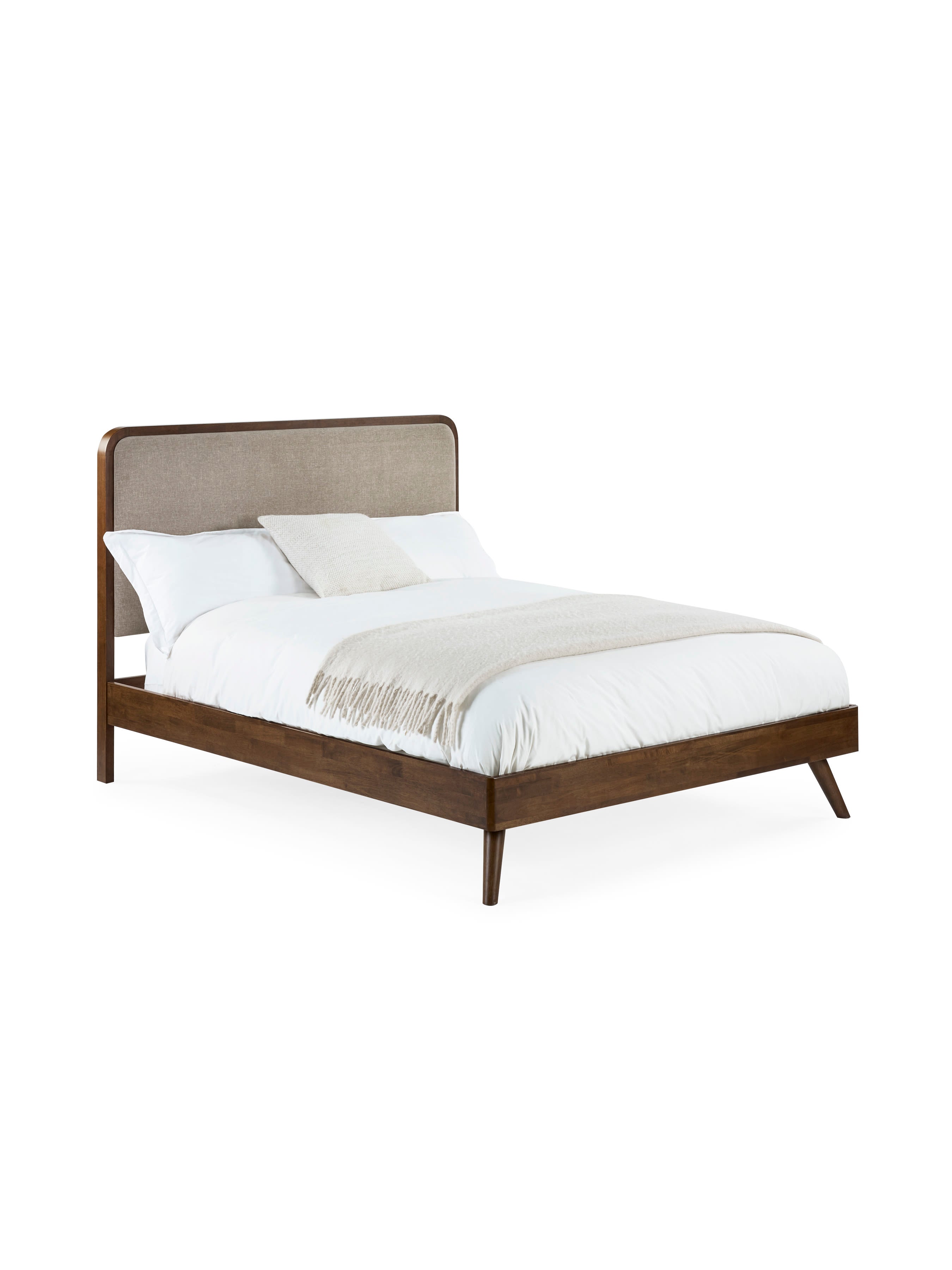 Walden Walnut Effect Bed with Grey Chenille Upholstered Headboard – Walnut Effect and Grey Chenille