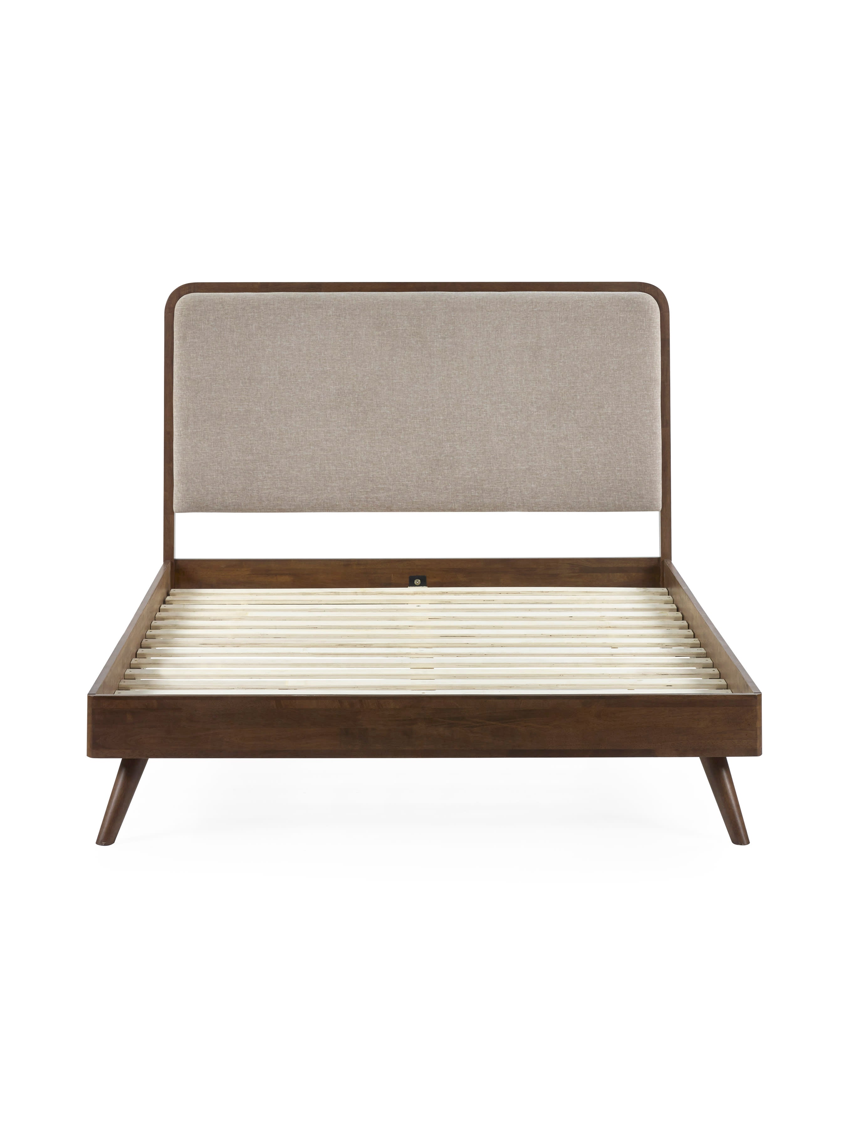 Walden Walnut Effect Bed with Grey Chenille Upholstered Headboard – Walnut Effect and Grey Chenille