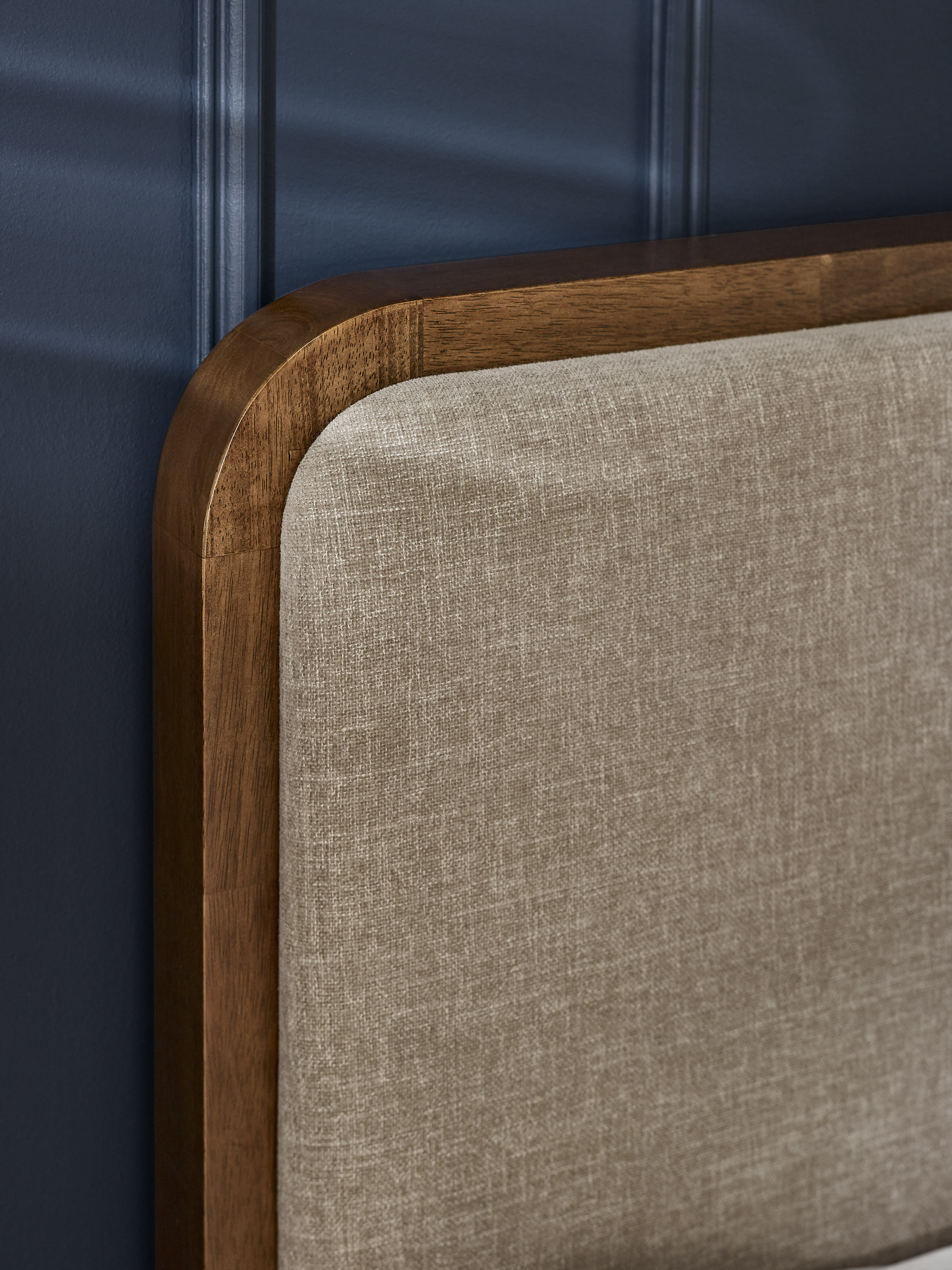 Walden Walnut Effect Bed with Grey Chenille Upholstered Headboard – Walnut Effect and Grey Chenille