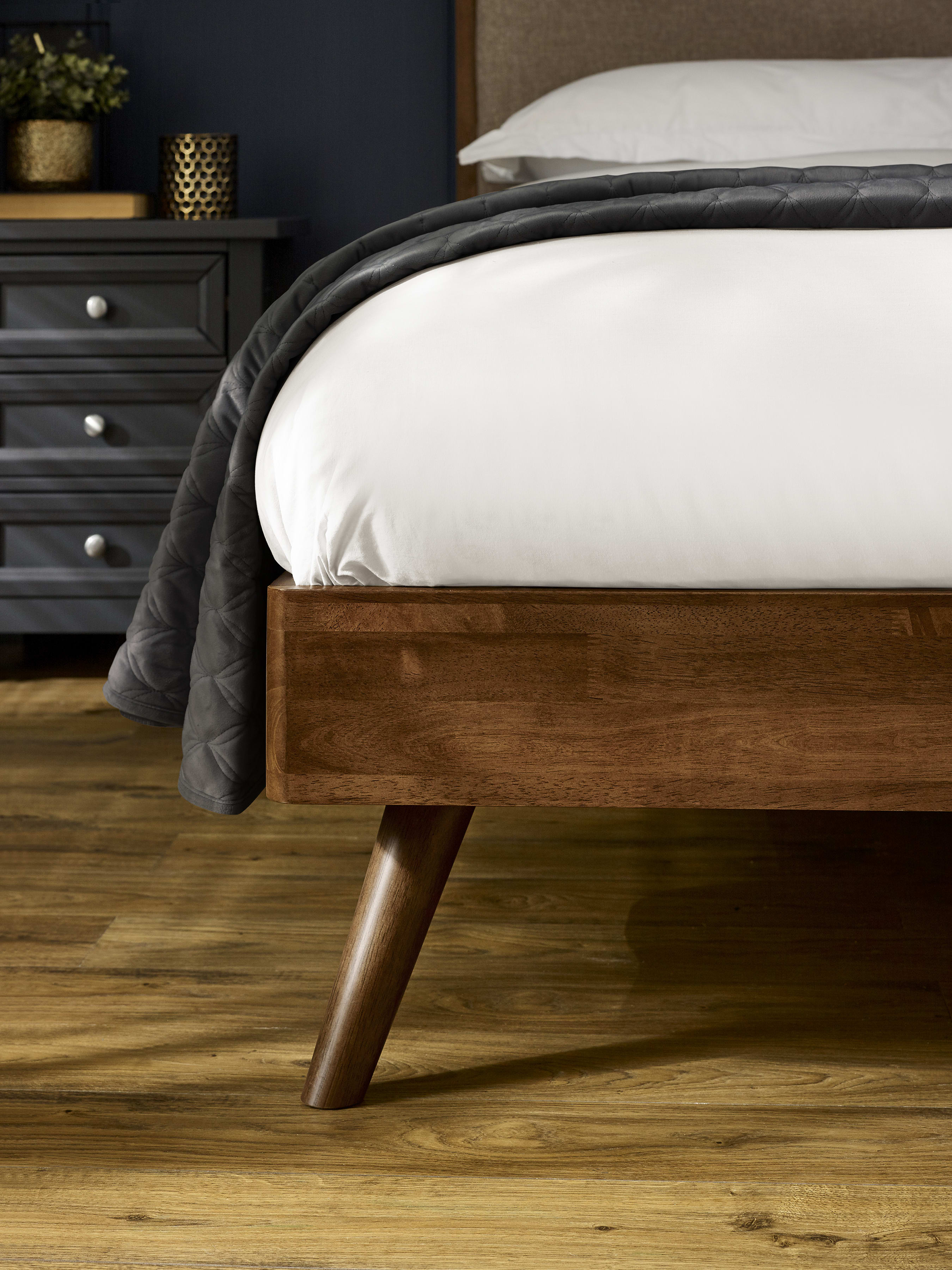 Walden Walnut Effect Bed with Grey Chenille Upholstered Headboard – Walnut Effect and Grey Chenille