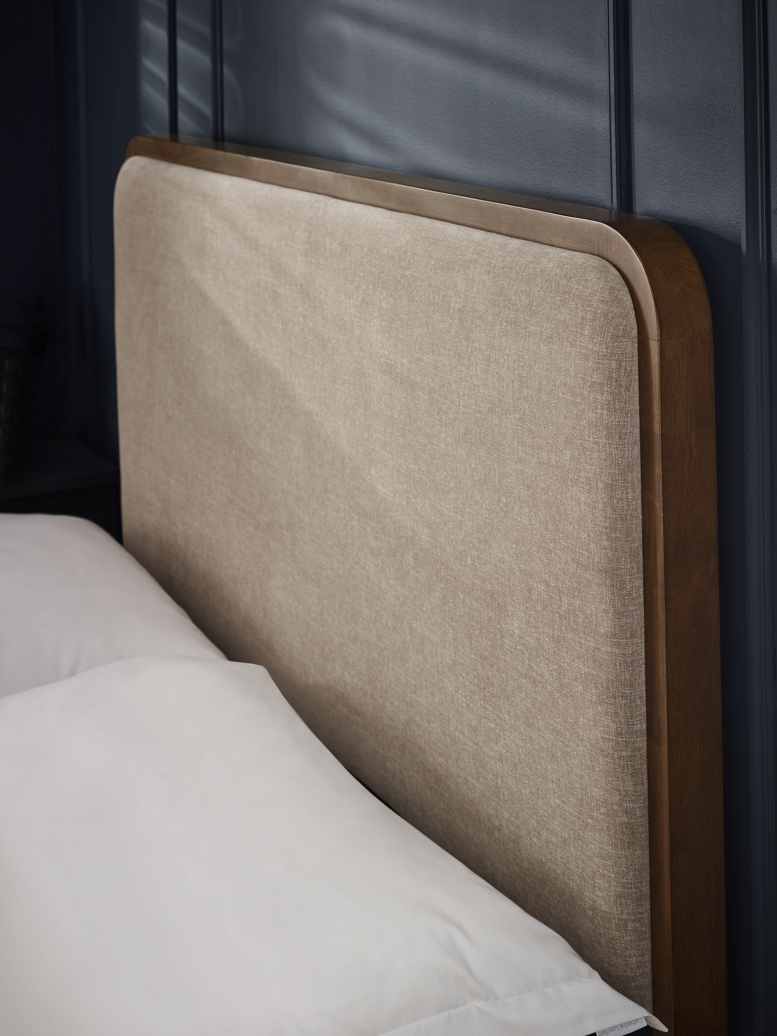 Walden Walnut Effect Bed with Grey Chenille Upholstered Headboard – Walnut Effect and Grey Chenille