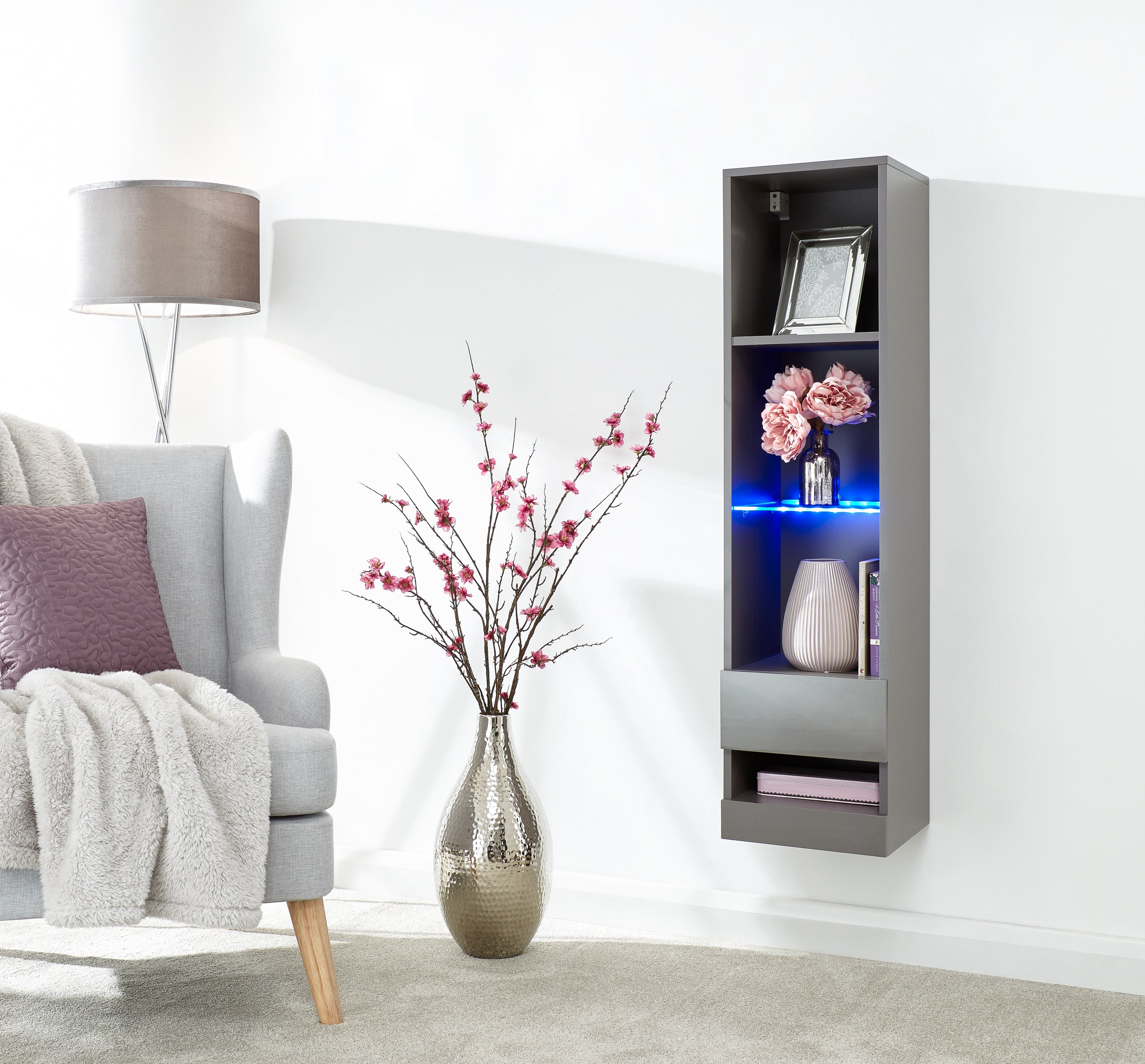 Galicia Tall Shelf Unit With Led Grey – GFW, view 2