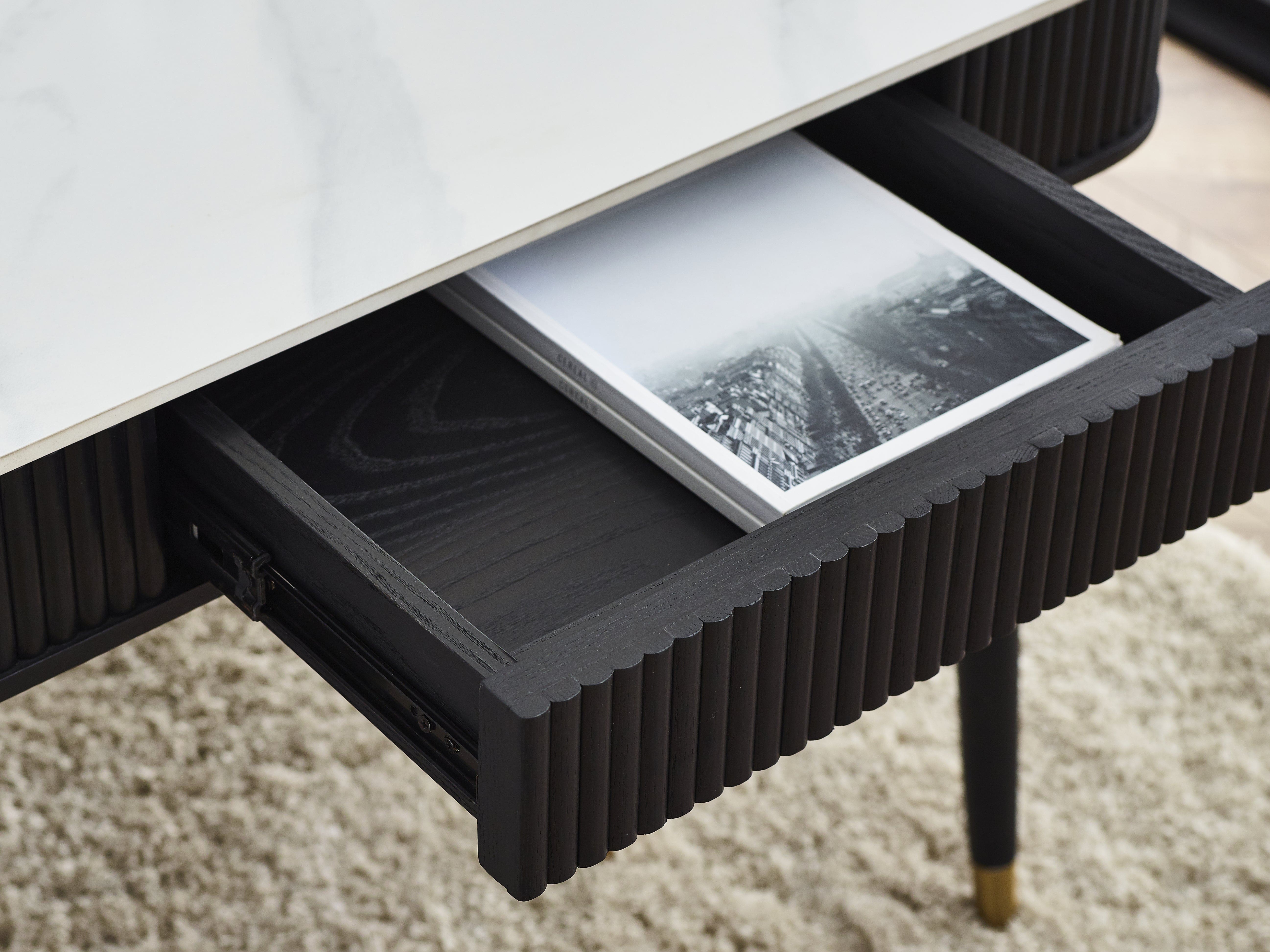 Louis Fluted Stone Top Coffee Table With 2 Drawers - Black – Julian Bowen, view 8