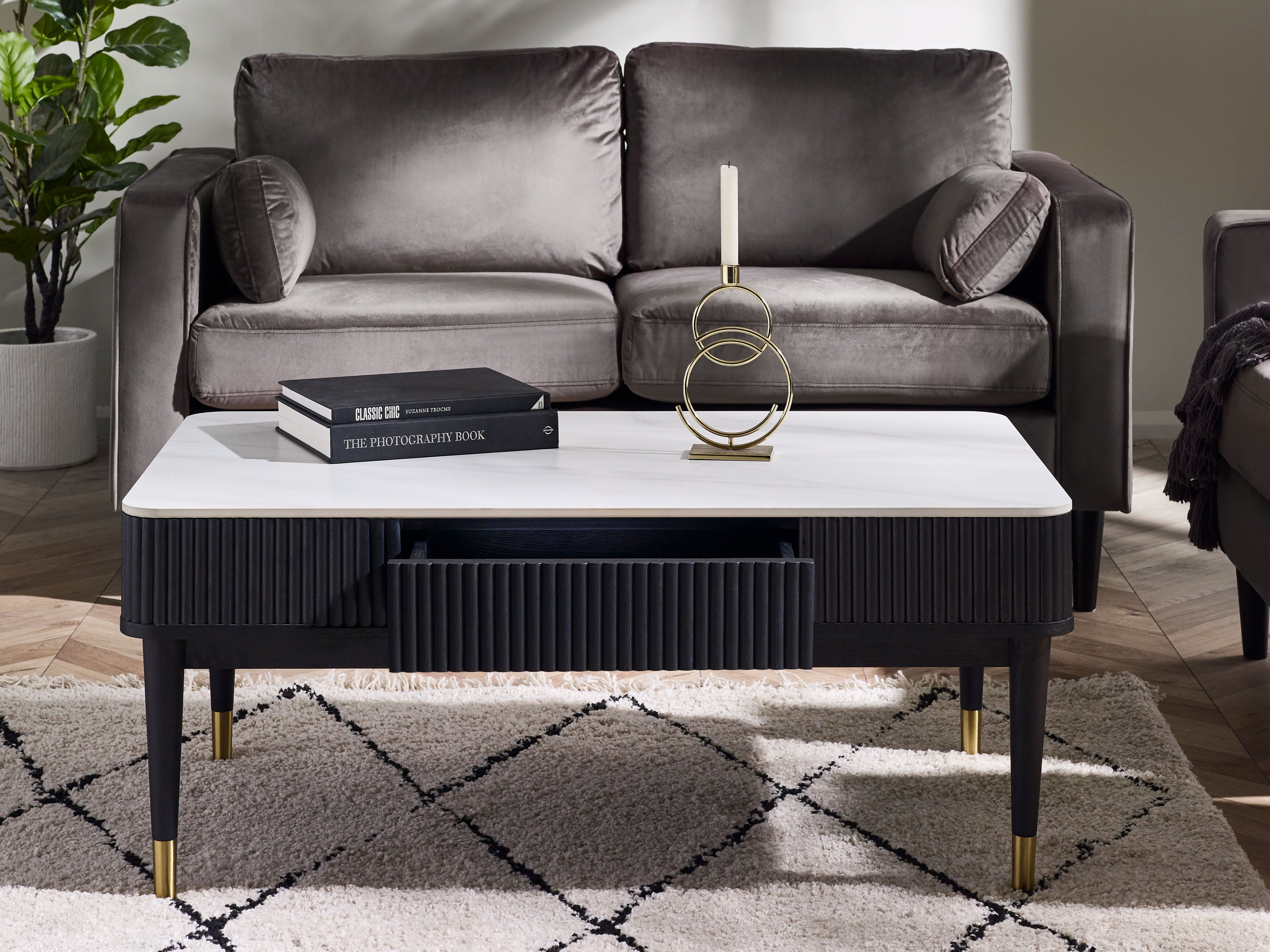 Louis Fluted Stone Top Coffee Table With 2 Drawers - Black – Julian Bowen, view 2