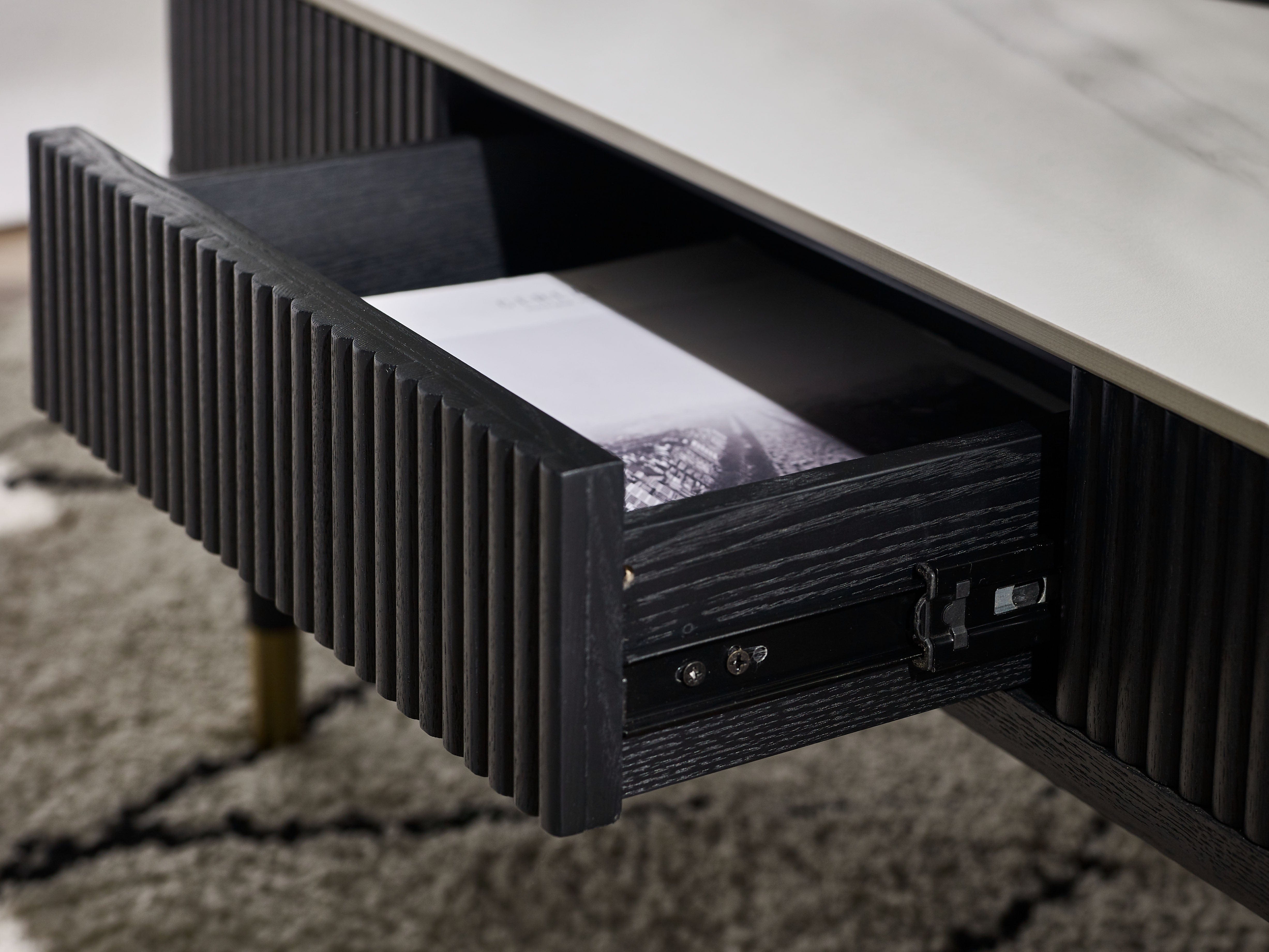 Louis Fluted Stone Top Coffee Table With 2 Drawers - Black – Julian Bowen, view 9