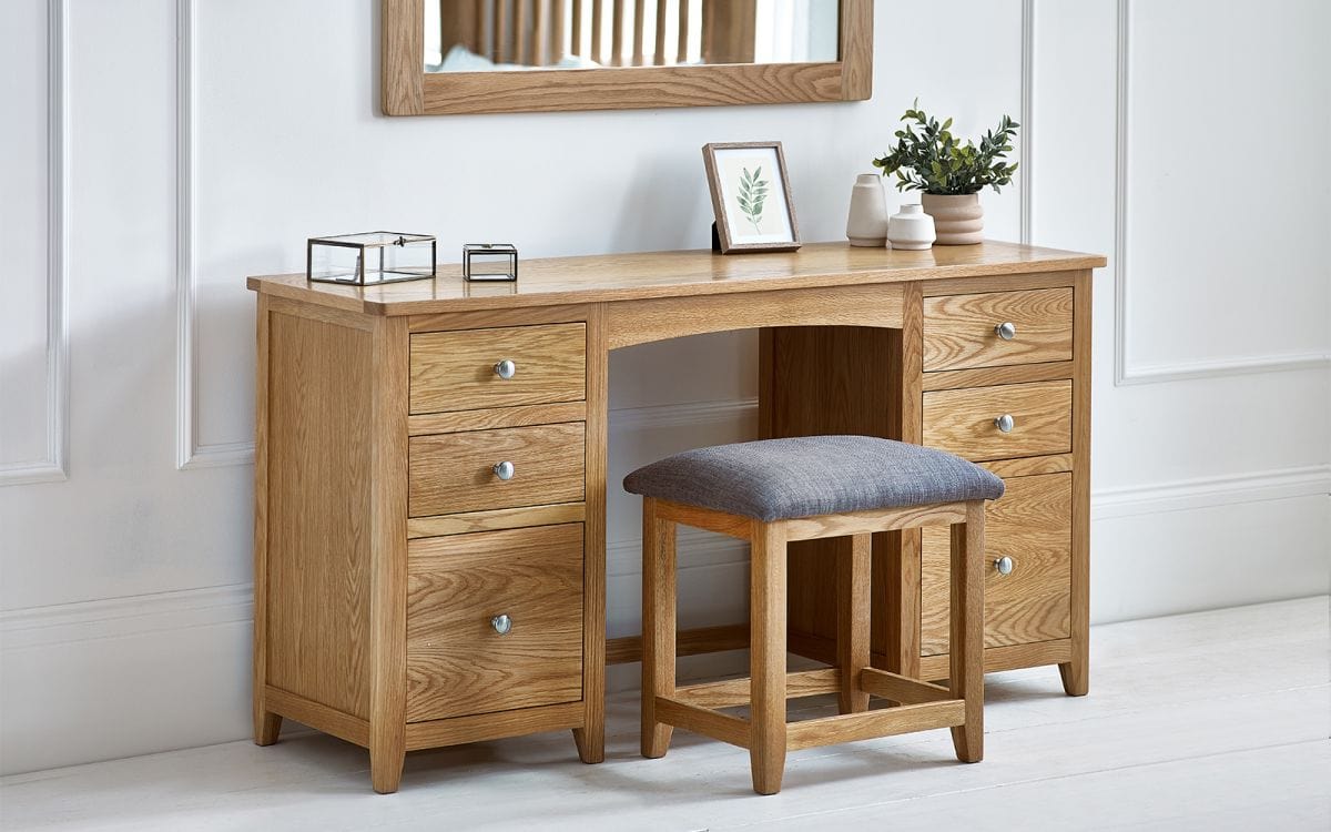 Mallory Twin Pedestal Dressing Table + Stool Set – Julian Bowen, view 4