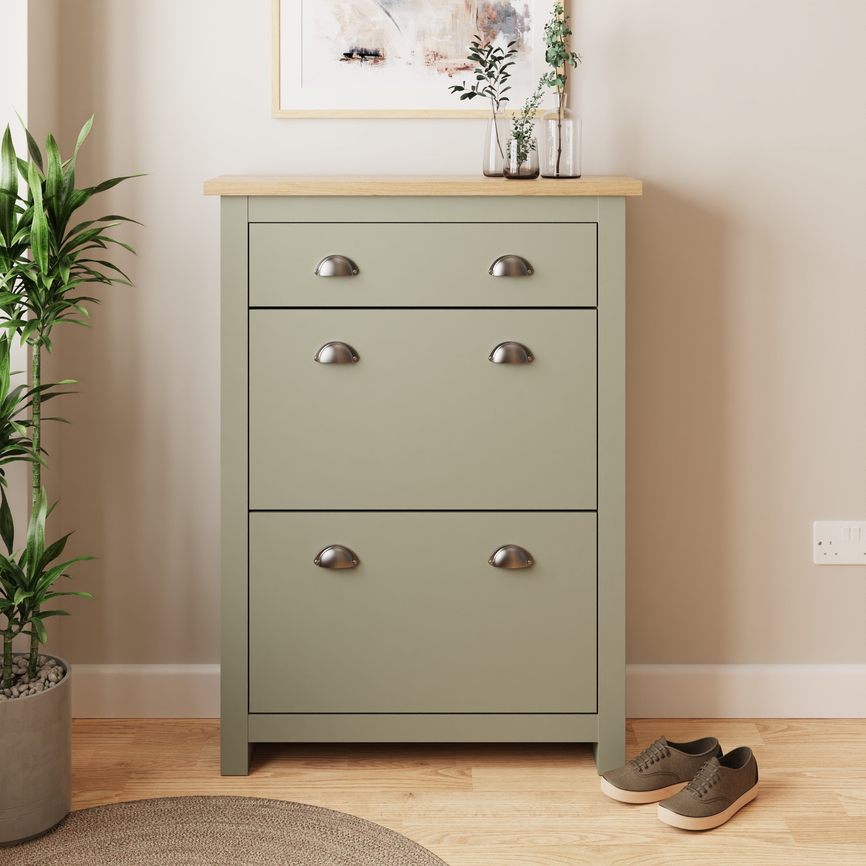 Lancaster 2Dr 1Drw Shoe Cabinet Sage Green – GFW, view 2