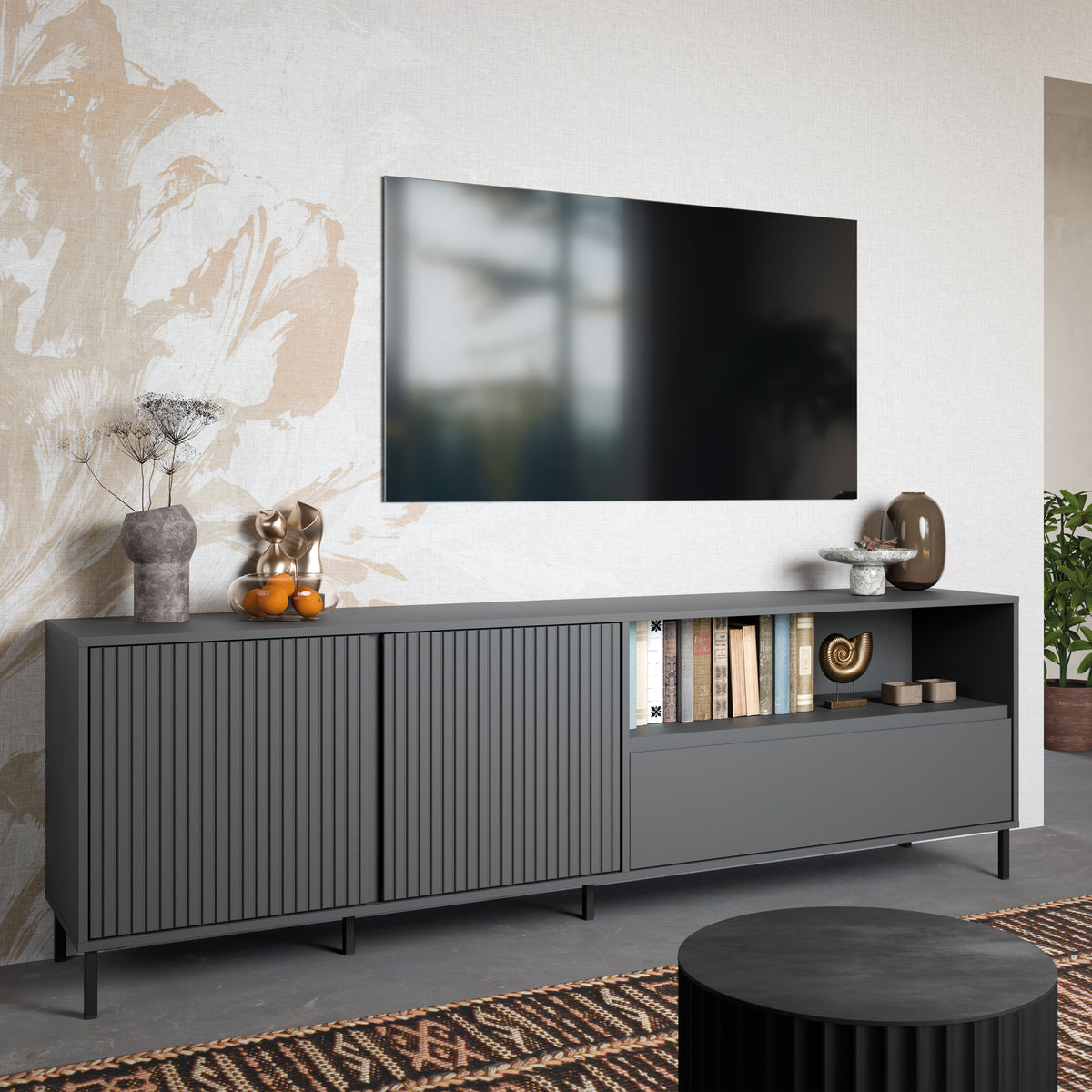 Avenale TV cabinet with 2 doors and 1 drawer in anthracite, photo 4