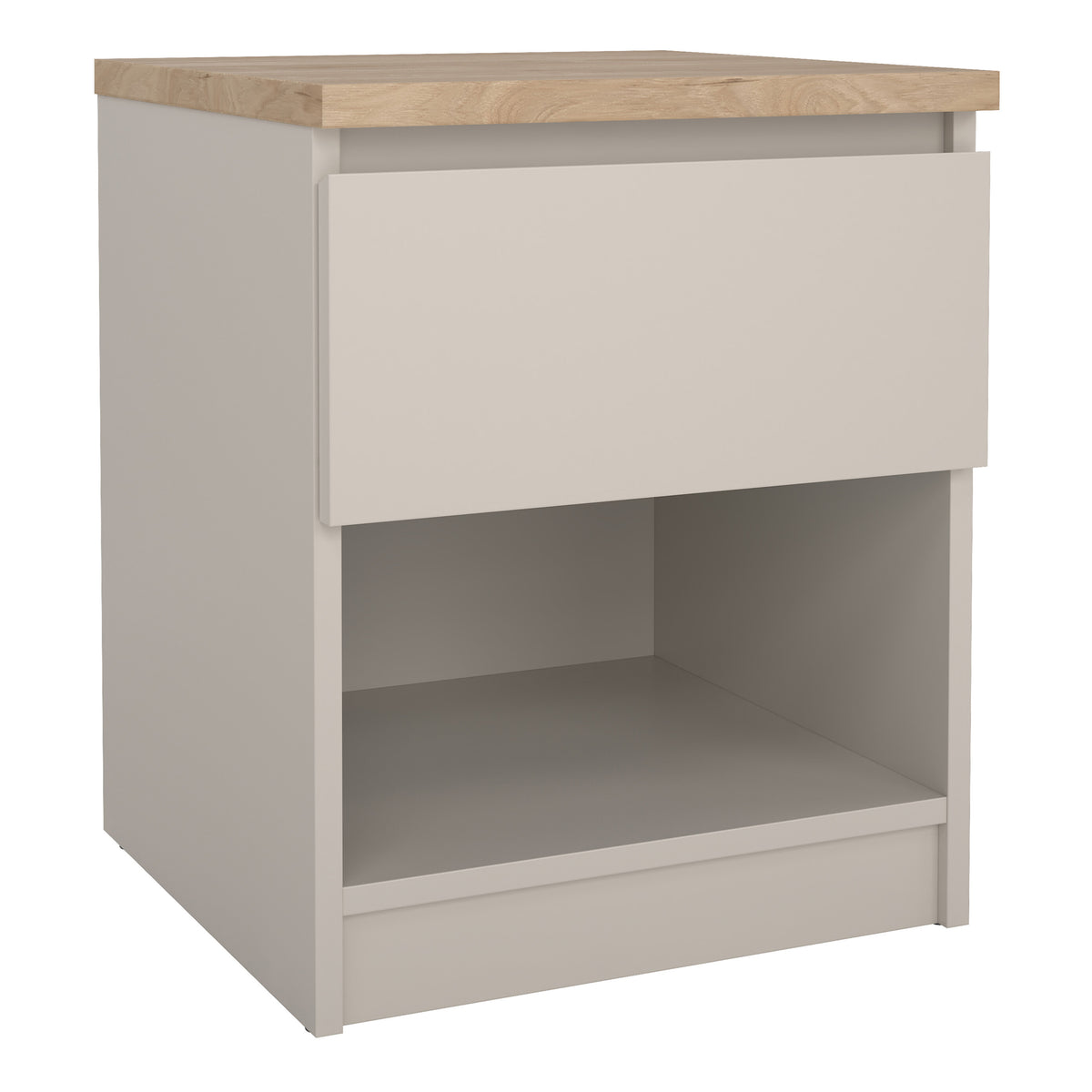 Naia bedside table with 1 drawer and shelf in cashmere and Jackson Hickory