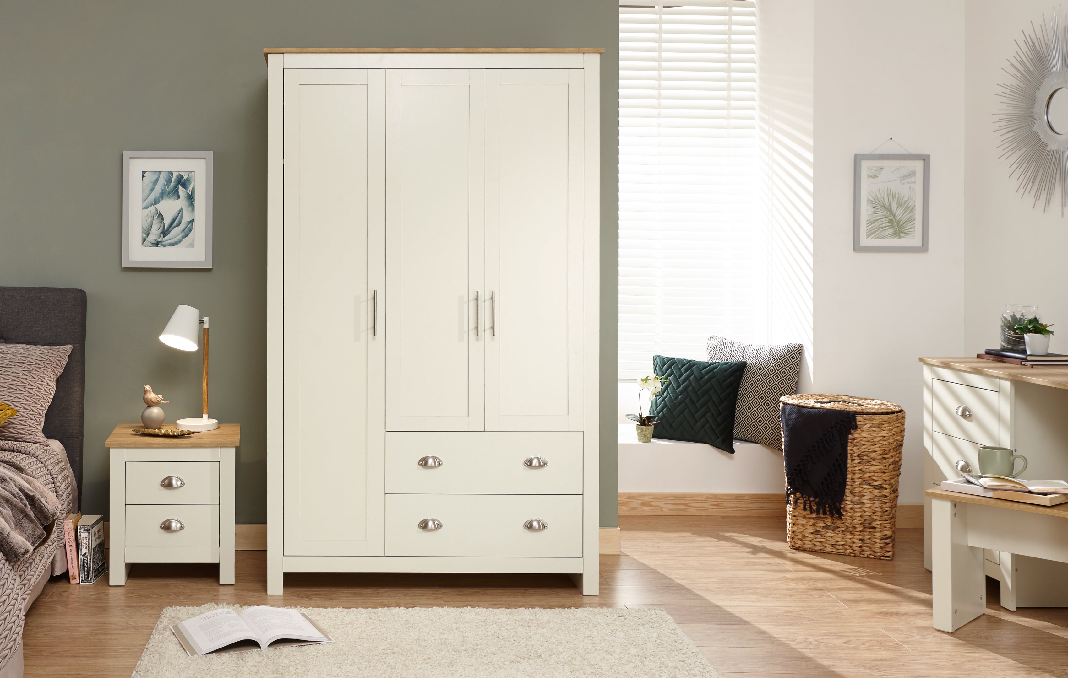 Lancaster 3 Door 2 Drawer Wardrobe Cream – GFW, view 2