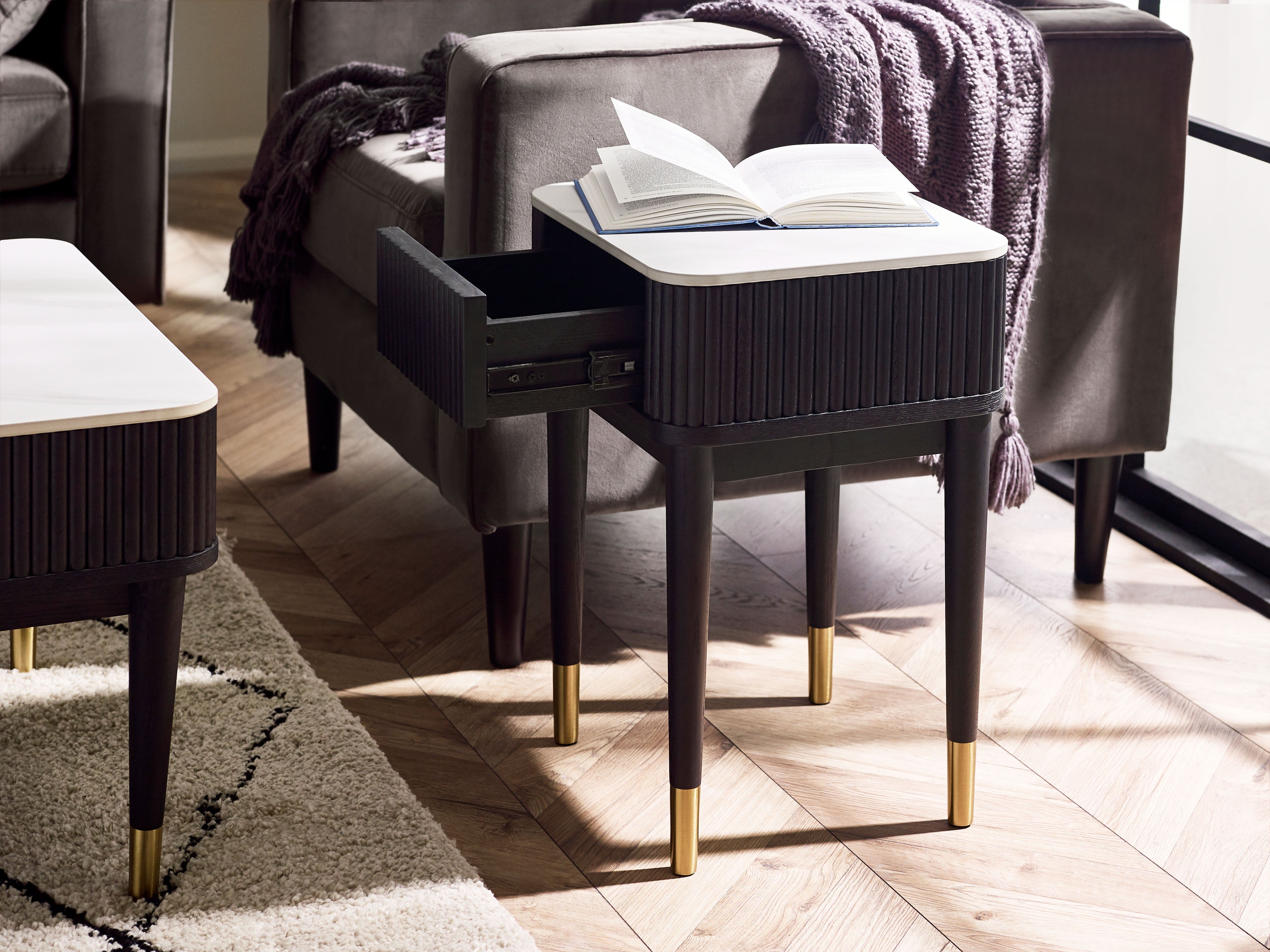 Louis Fluted Stone Top Lamp Table With Drawer - Black – Julian Bowen, view 2