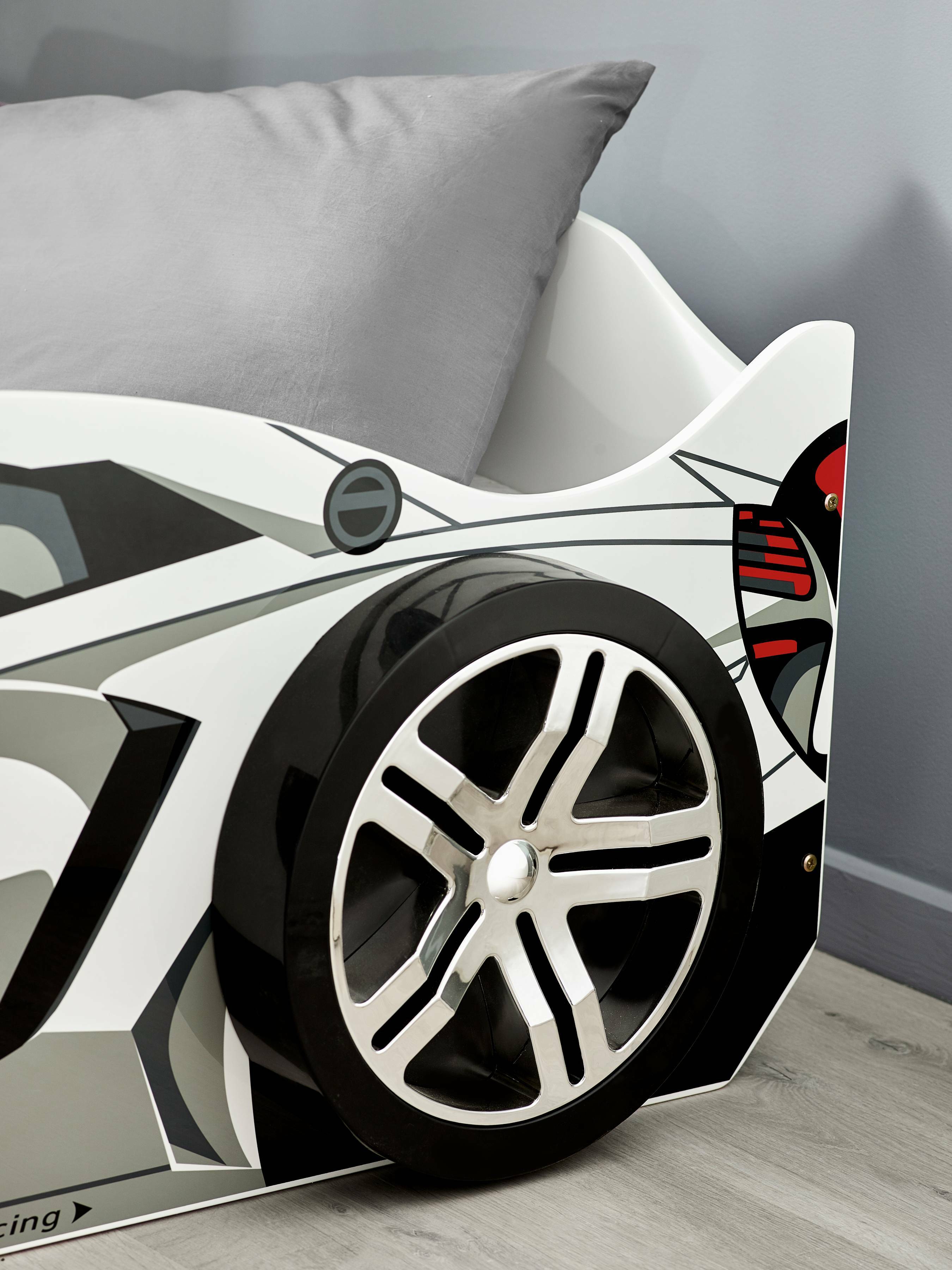 Storm White and Grey High Gloss 90cm Single Race Car Bed – Julian Bowen, view 8