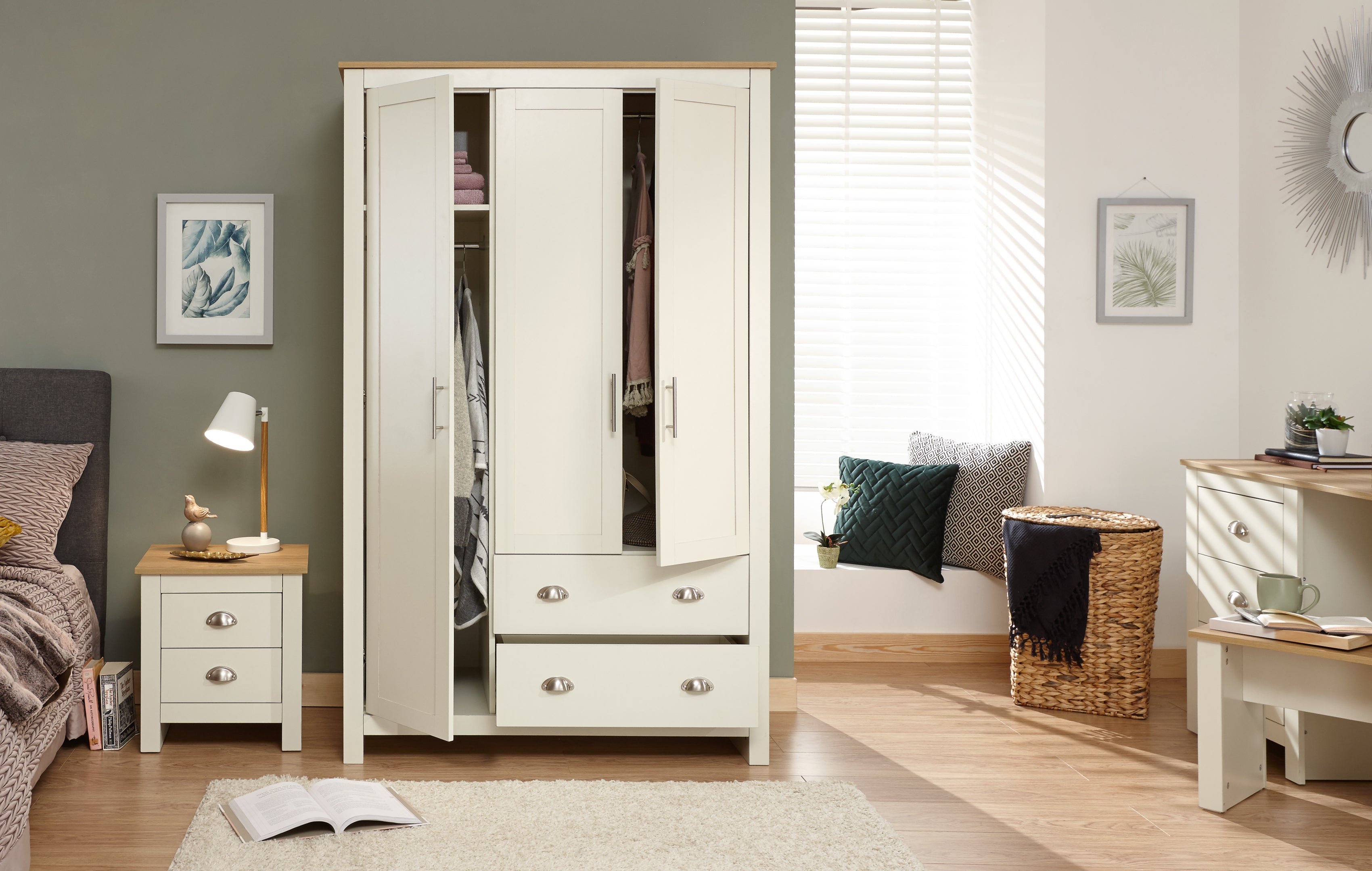 Lancaster 3 Door 2 Drawer Wardrobe Cream – GFW, view 4