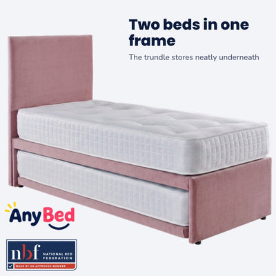 Guest bed with trundle stored underneath, pink