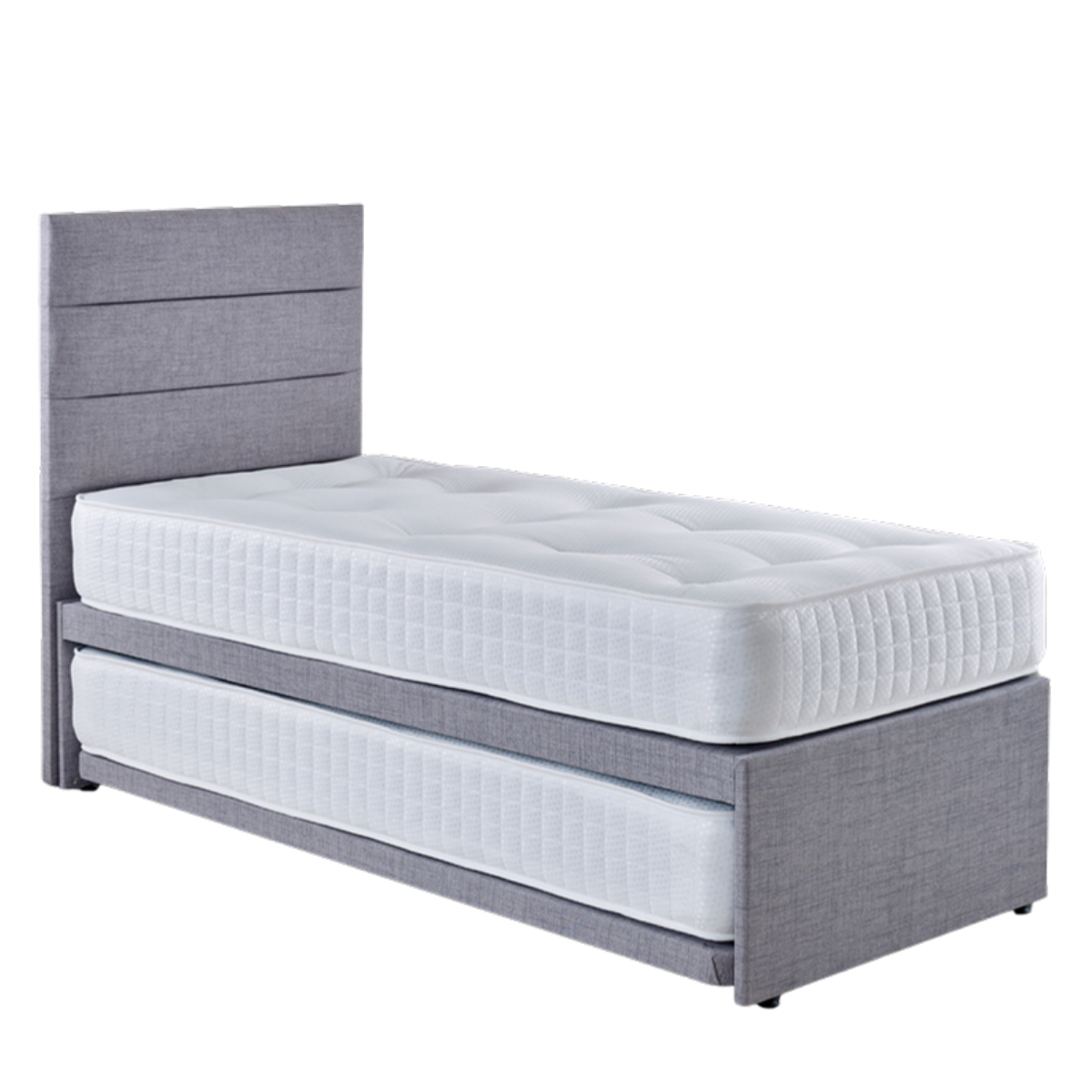 Guest bed with trundle in Grampian Seal fabric with Howarth floorstanding headboard, trundle stored away