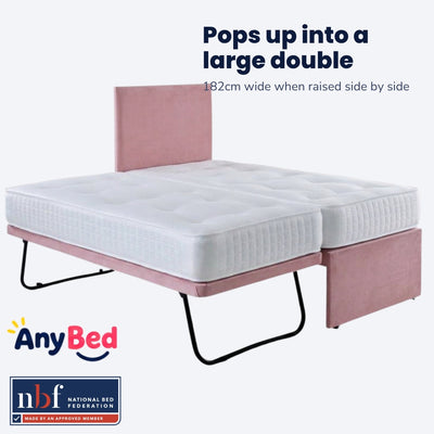 Trundle raised to sit level with the main bed as a large double