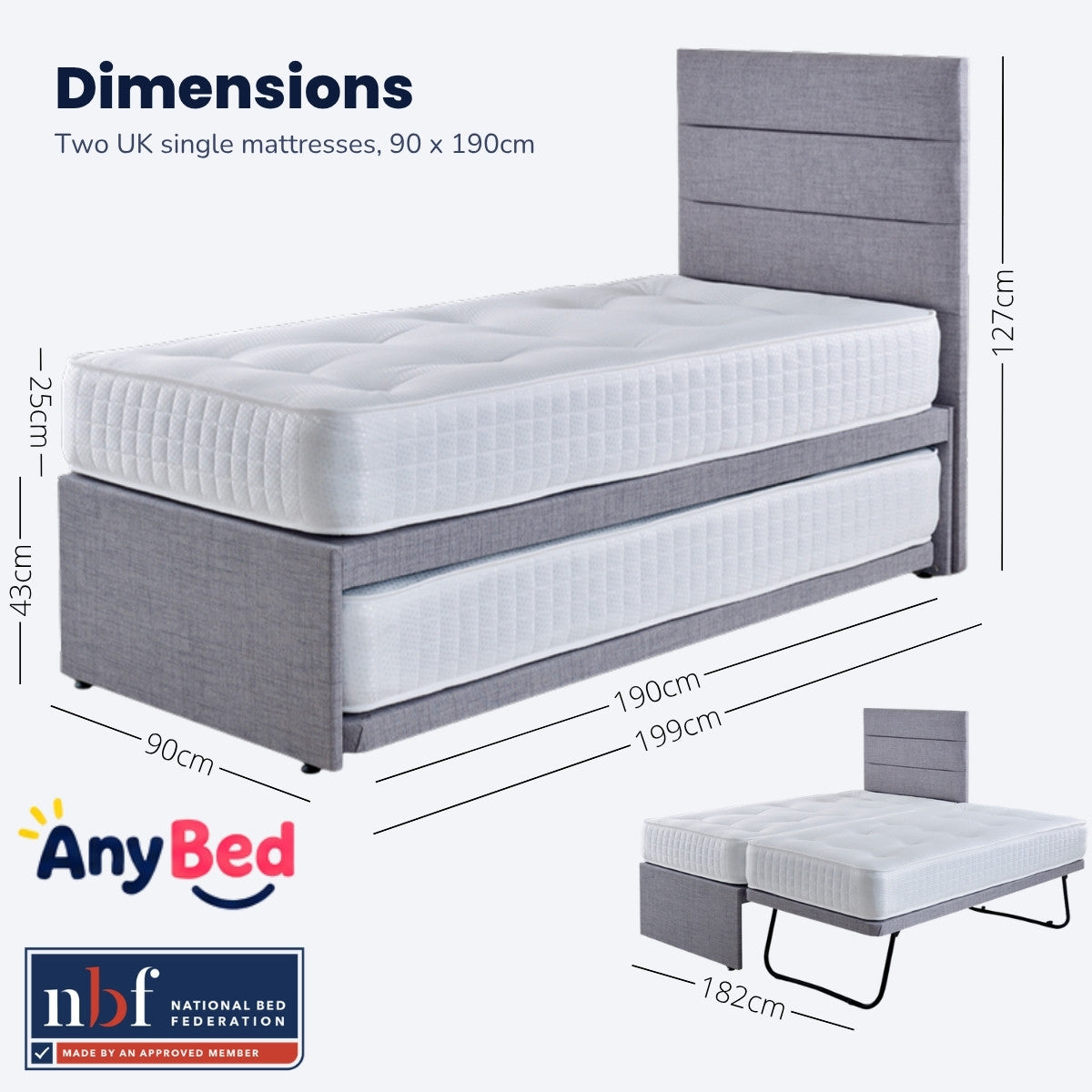 Guest bed dimensions: 90cm wide, 199cm long, 43cm base height, 25cm mattress, 127cm headboard, 182cm wide as a double