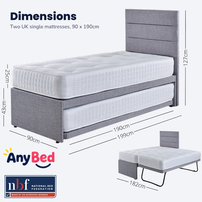 Guest bed dimensions: 90cm wide, 199cm long, 43cm base height, 25cm mattress, 127cm headboard, 182cm wide as a double