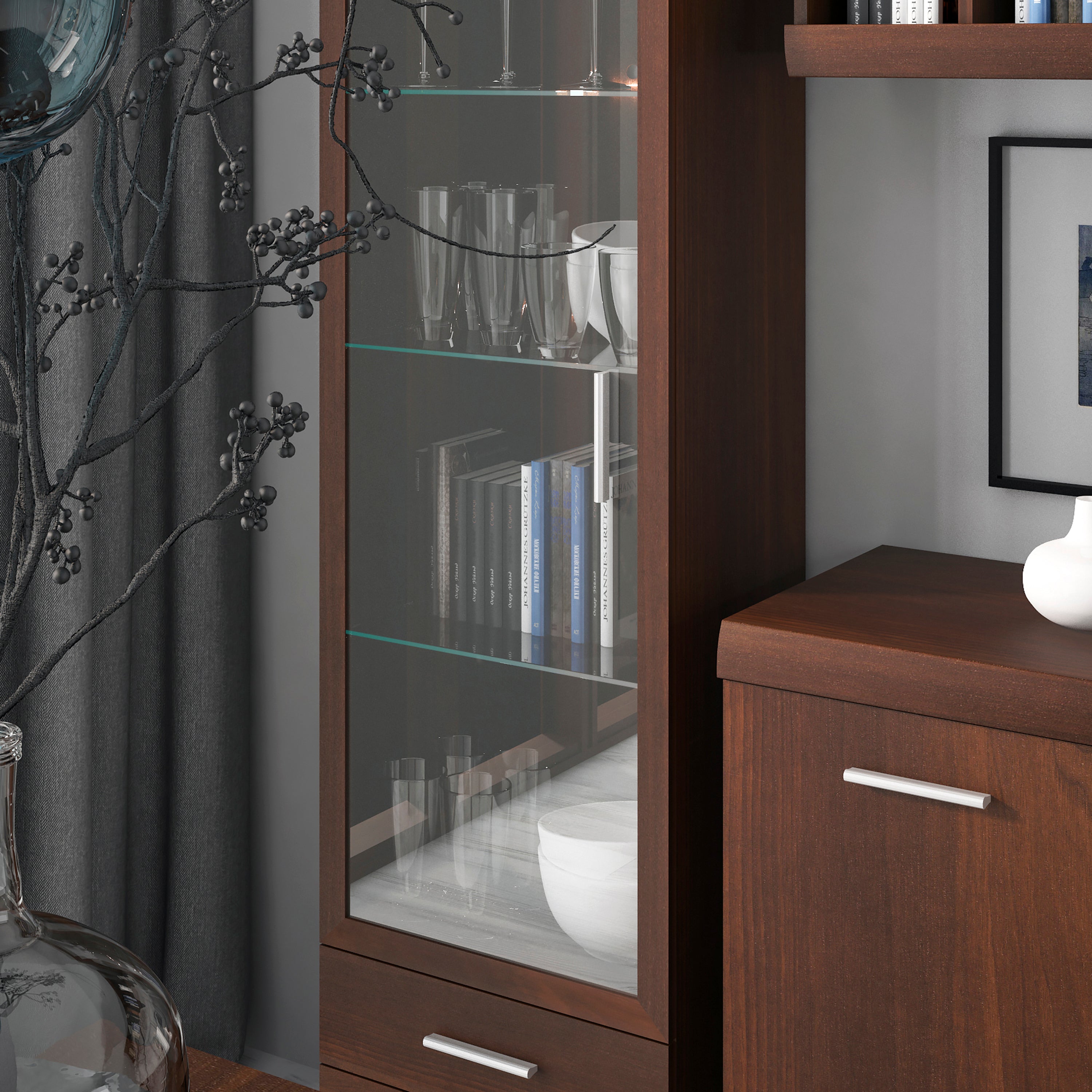 Imperial Tall Glazed 1 Door 2 Drawer Narrow Cabinet in Dark Mahogany Melamine – FTG, view 5