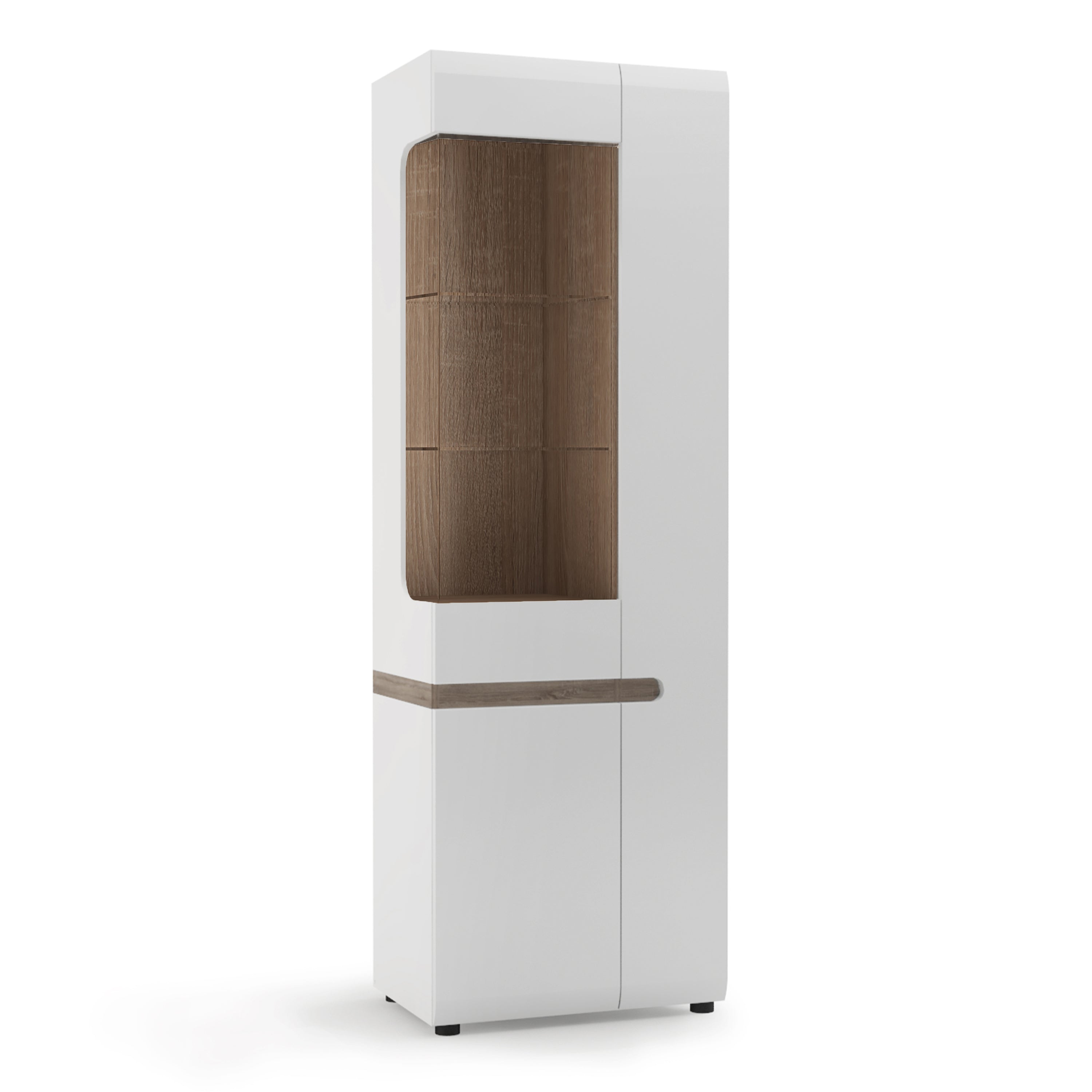 Chelsea Living Tall Glazed Narrow Display Unit (RHD) in White with a Truffle Oak Trim – FTG