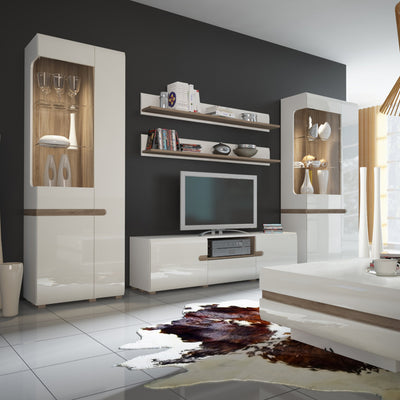 Chelsea Living Tall Glazed Narrow Display Unit (RHD) in White with a Truffle Oak Trim – FTG, view 4