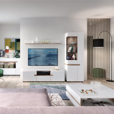 Chelsea Living Tall Glazed Narrow Display Unit (RHD) in White with a Truffle Oak Trim – FTG, view 6