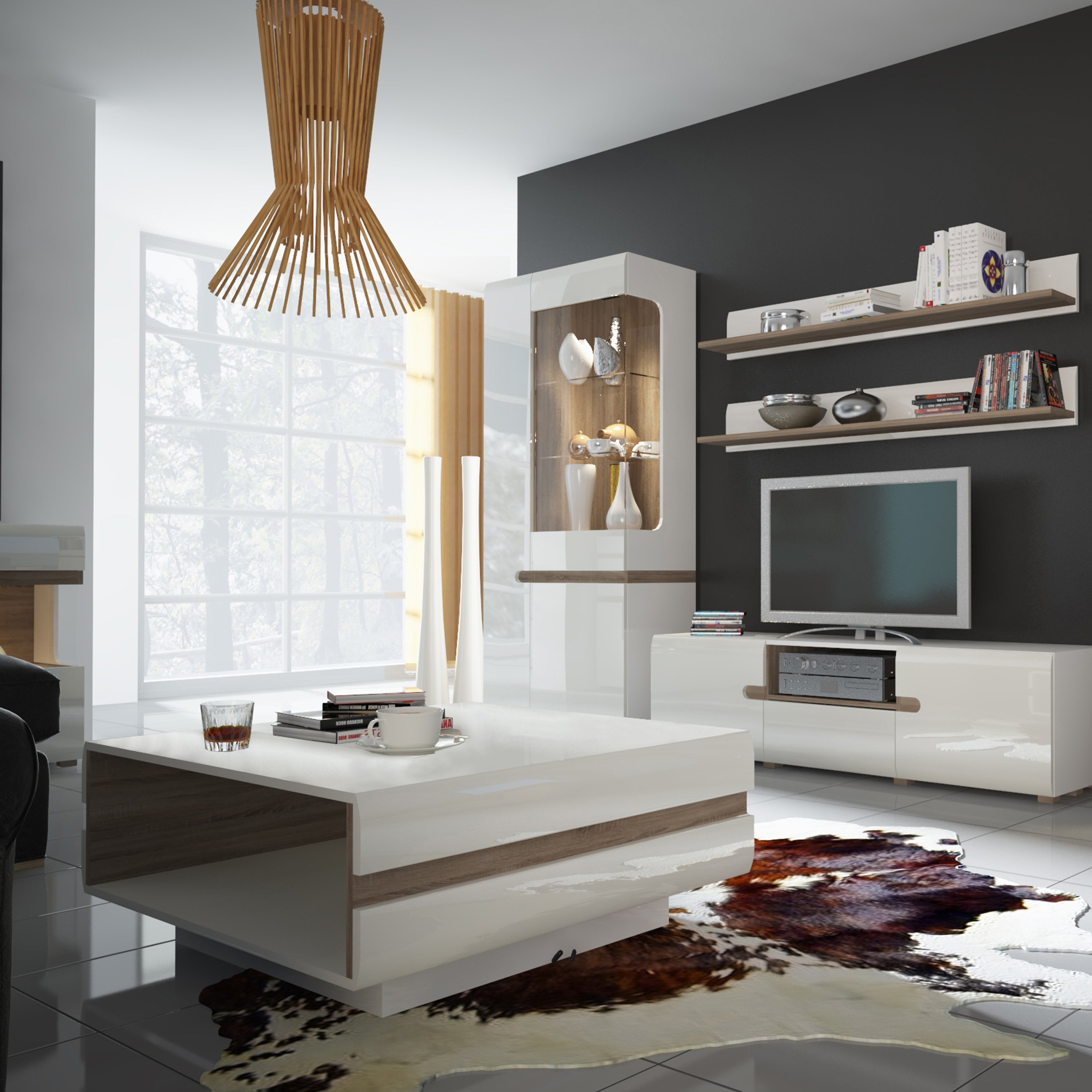 Chelsea Living Tall Glazed Narrow Display Unit (LHD) in White with a Truffle Oak Trim – FTG, view 3