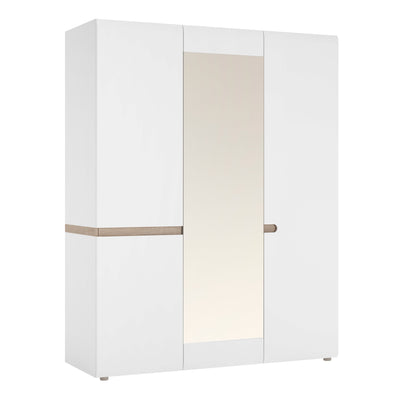 Chelsea Bedroom 3 Door Wardrobe with Mirror in White with a Truffle Oak Trim – FTG