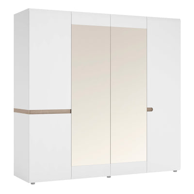 Chelsea Bedroom 4 Door Wardrobe with Mirrors in White with a Truffle Oak Trim – FTG