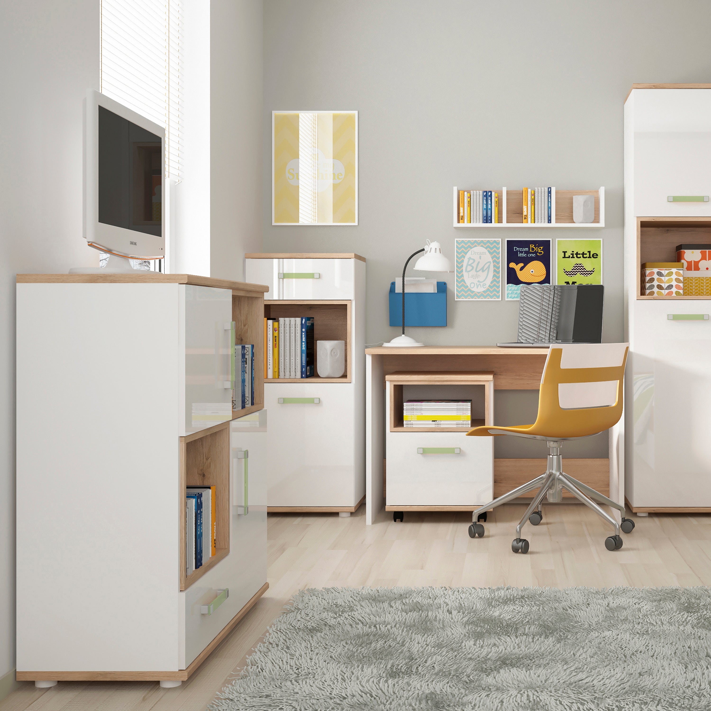 4KIDS 2 Door 1 Drawer Cupboard with 2 Open Shelves with Lemon Handles – FTG, view 3