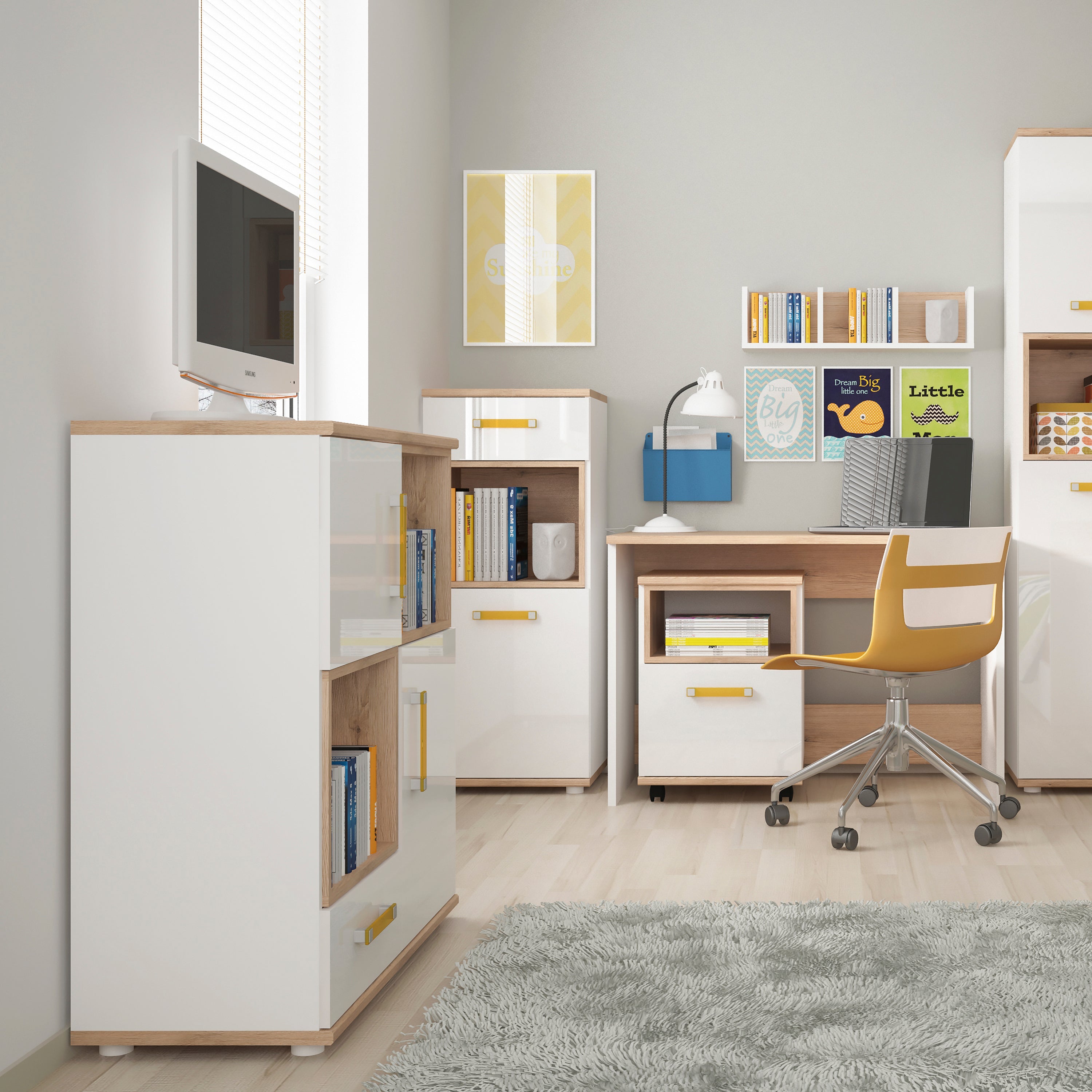 4KIDS 2 Door 1 Drawer Cupboard with 2 Open Shelves with Orange Handles – FTG, view 3