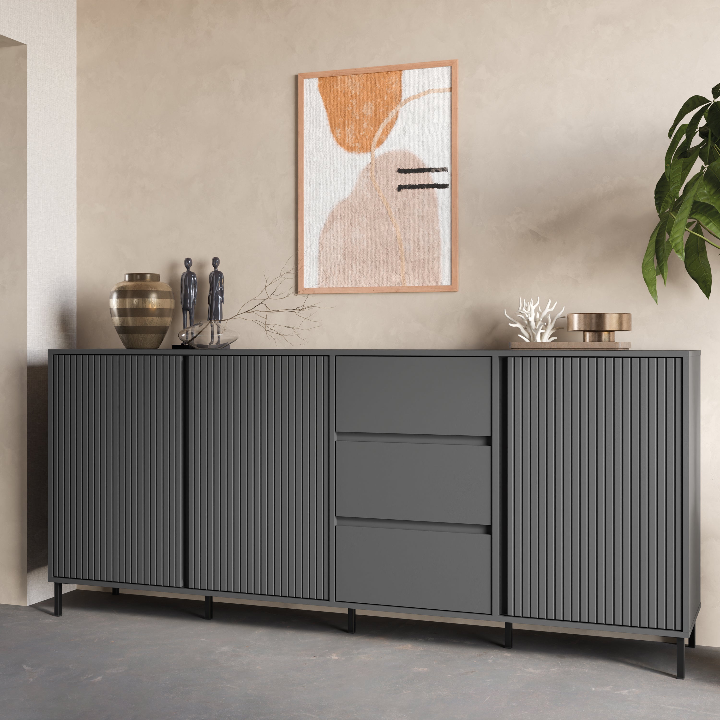 Avenale Sideboard 3 Door 3 Drawer in Anthracite – FTG, view 4